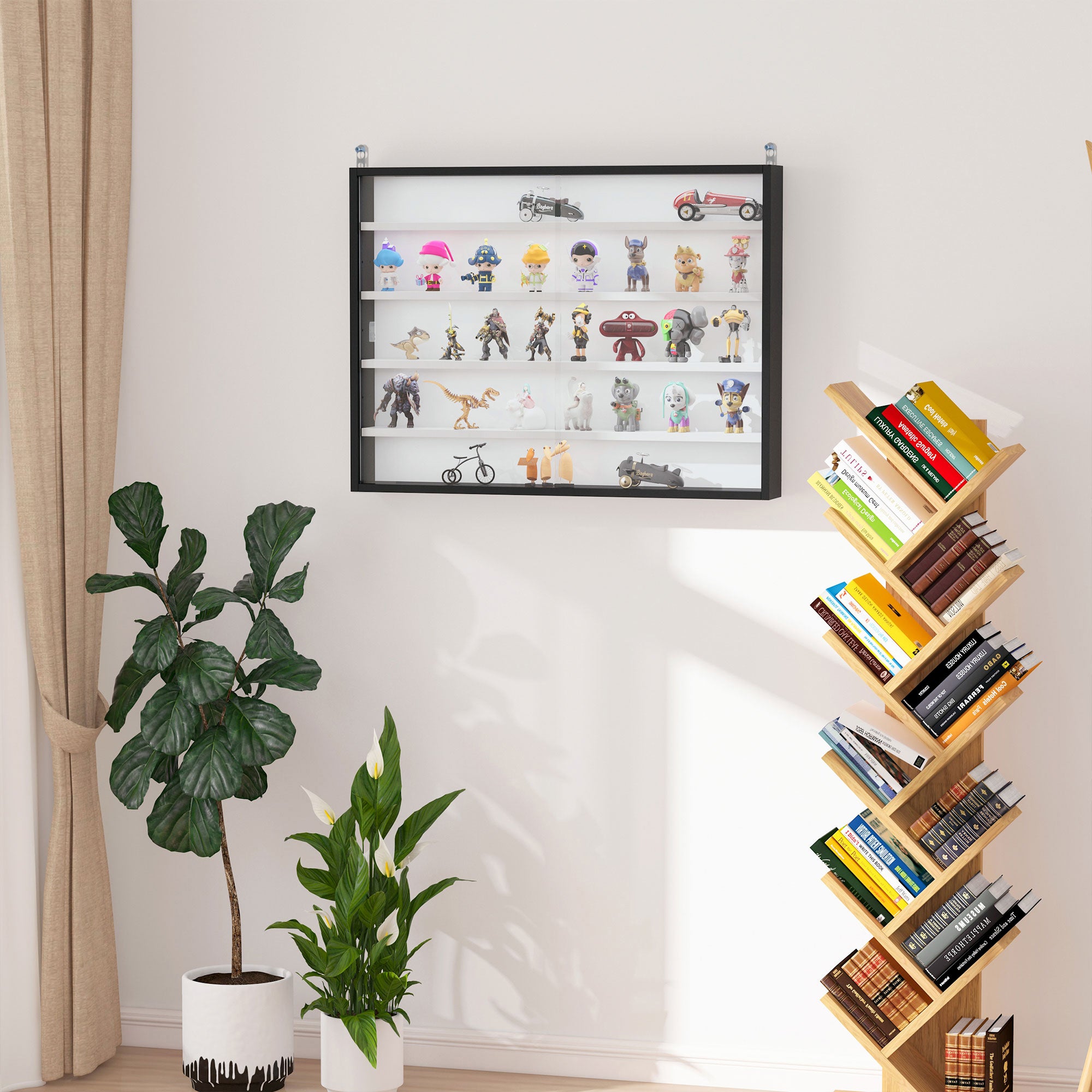 HOMCOM 5-Tier Wall Display Shelf Unit Cabinet w/ 4 Adjustable Shelves Glass Doors Home Office Ornaments 60x80cm Black/White - North Peak Garden Furniture