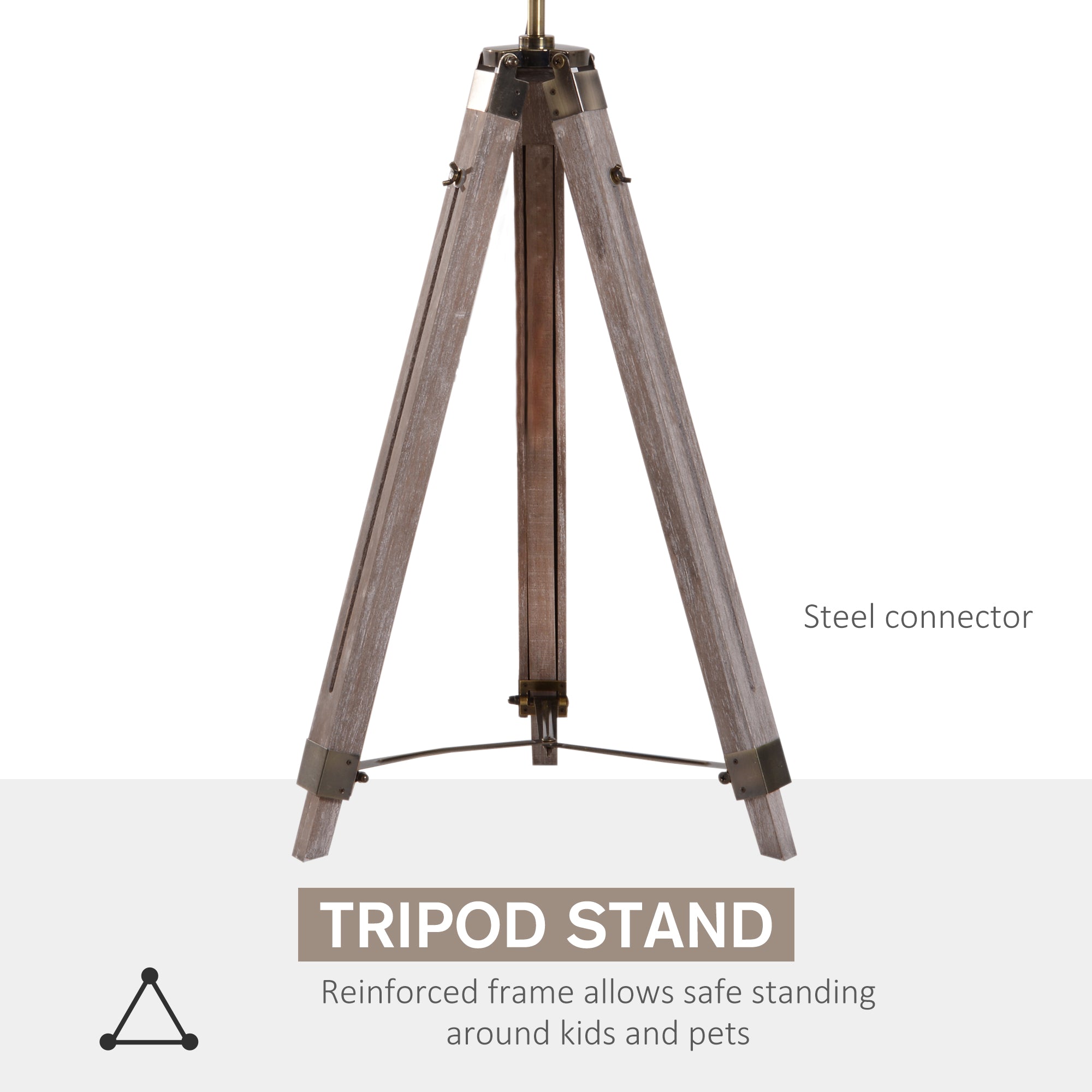 HOMCOM Industrial Tripod Floor Lamp, Nautical Searchlight with Adjustable Height, Wood Legs, E12 Lamp Base for Living Room, Bedroom, Grey and Bronze