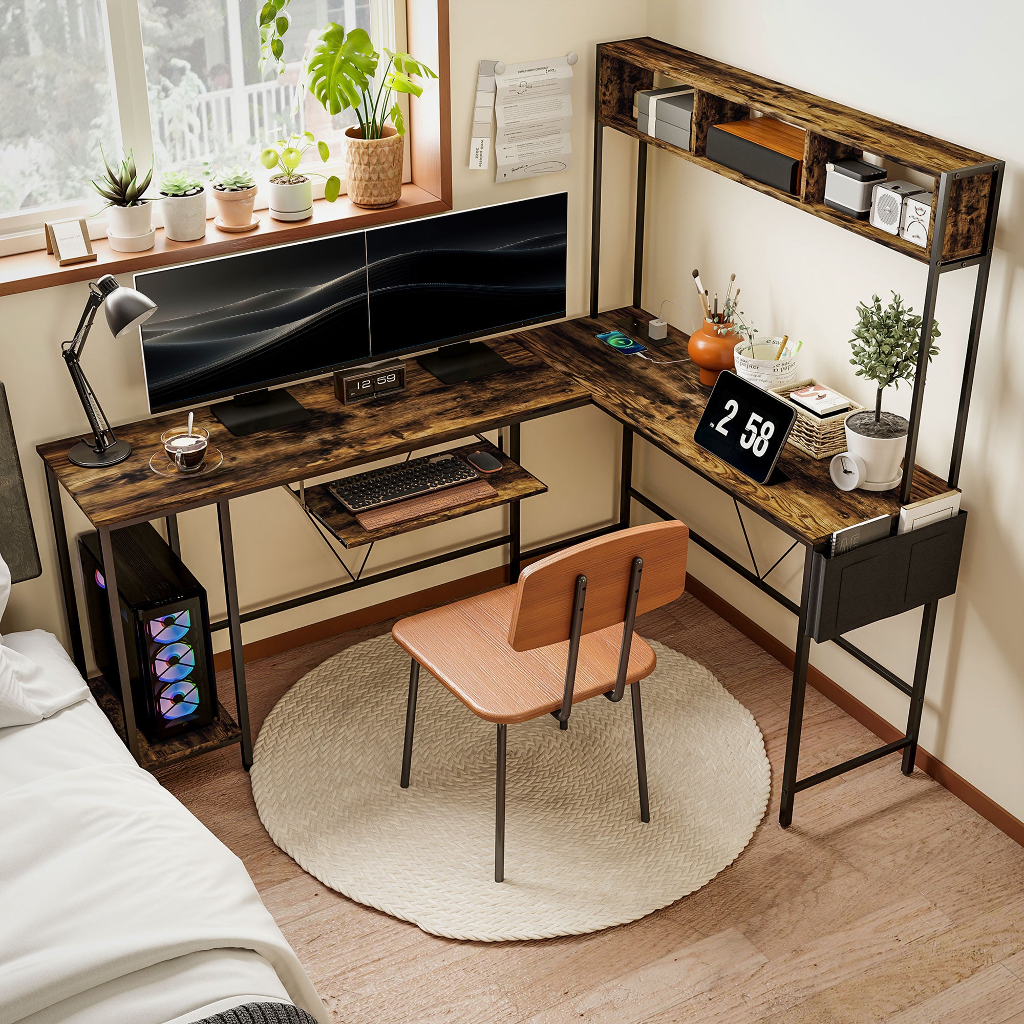 HOMCOM 160cm Reversible L Shaped Desk with Power Outlet, Industrial Corner Desk with Storage Shelves and Keyboard Tray, 240cm Long Computer Desk for 2 Person, Rustic Brown - North Peak Garden Furniture