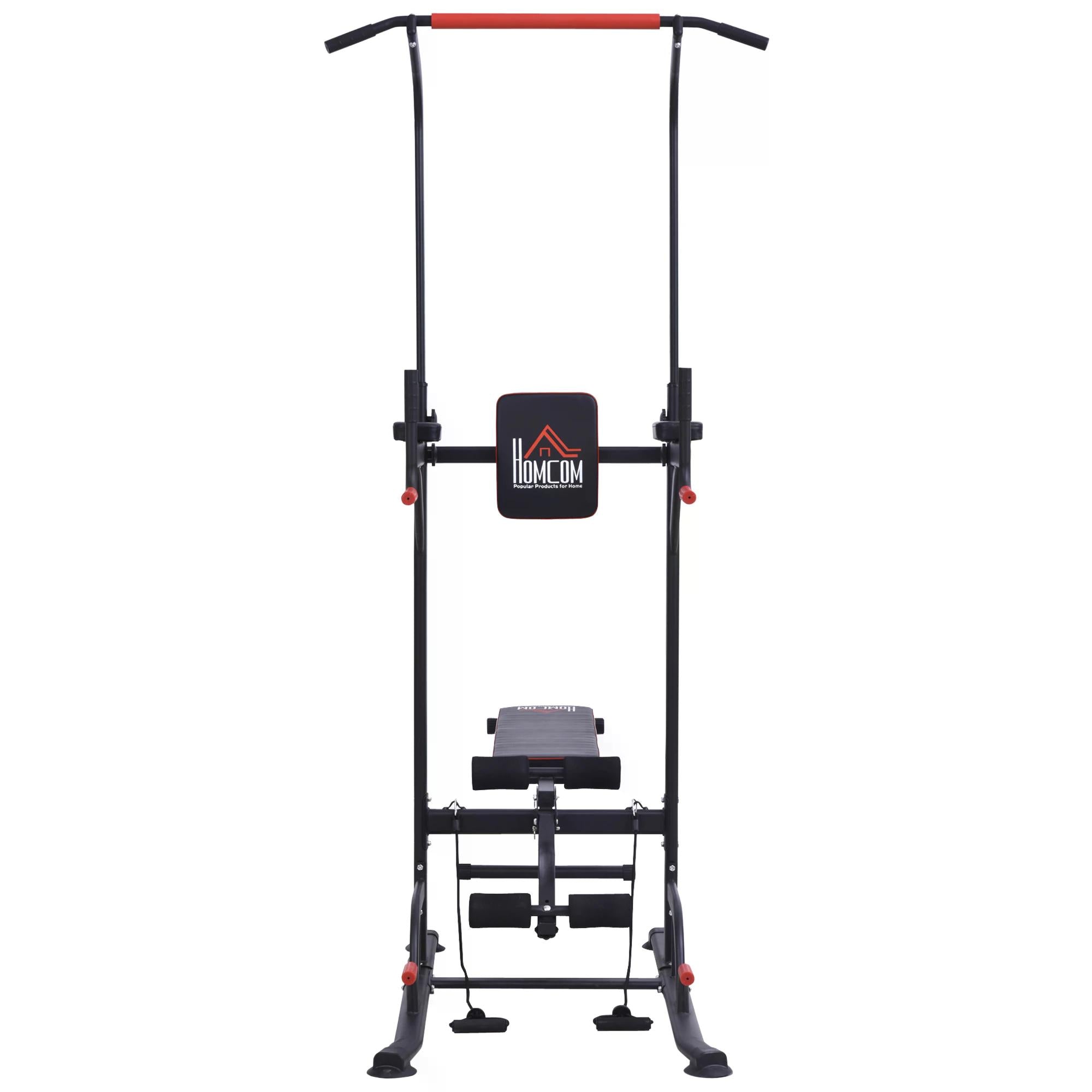 HOMCOM Multifunction Power Tower Home Workout Dip Station w/ Sit-up Bench Push-up Bars and Tension Ropes Fitness Equipment Office Gym Training