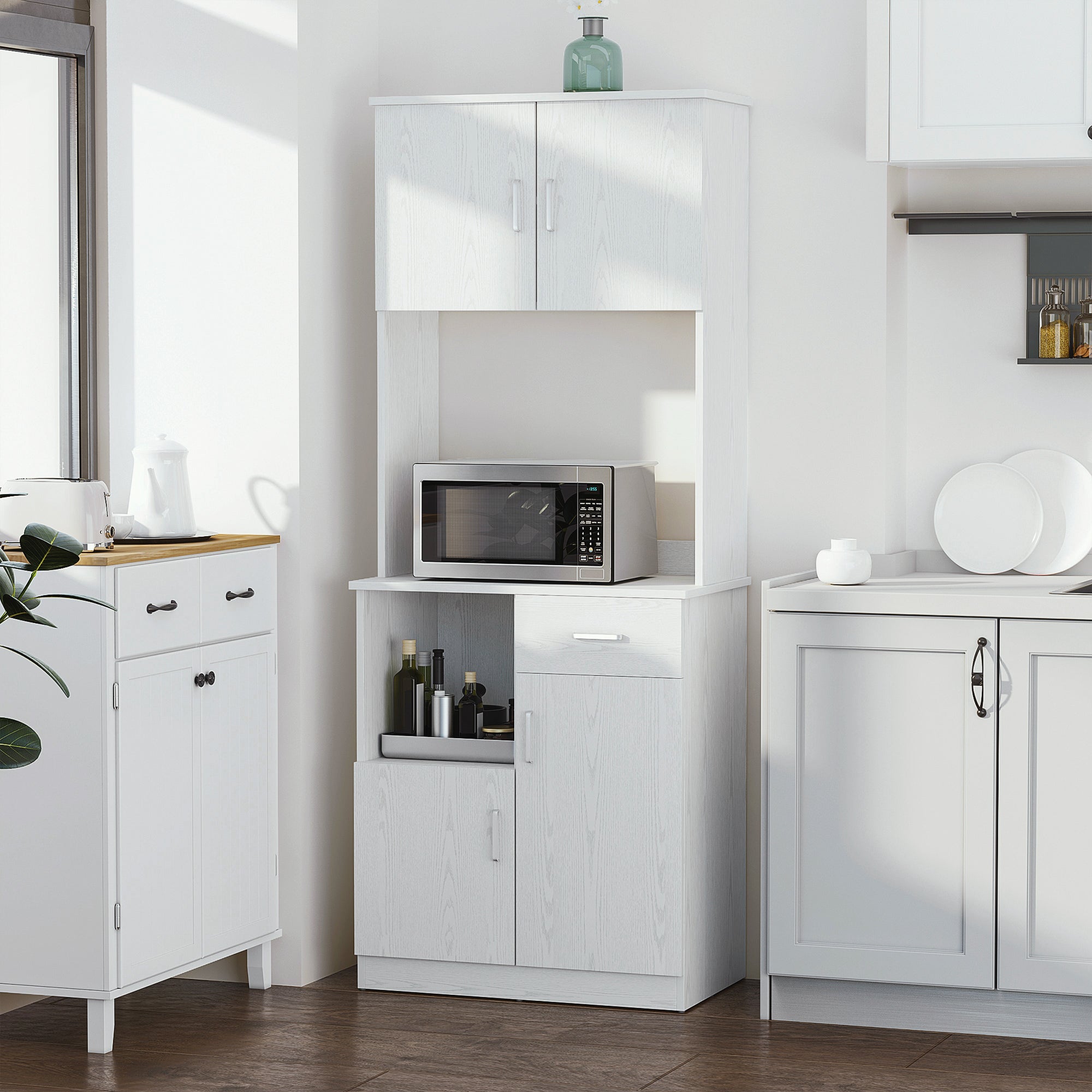 HOMCOM Freestanding Kitchen Cupboard, Modern Kitchen Storage Cabinet with Doors, Microwave Counter and Adjustable Shelves, White - North Peak Garden Furniture