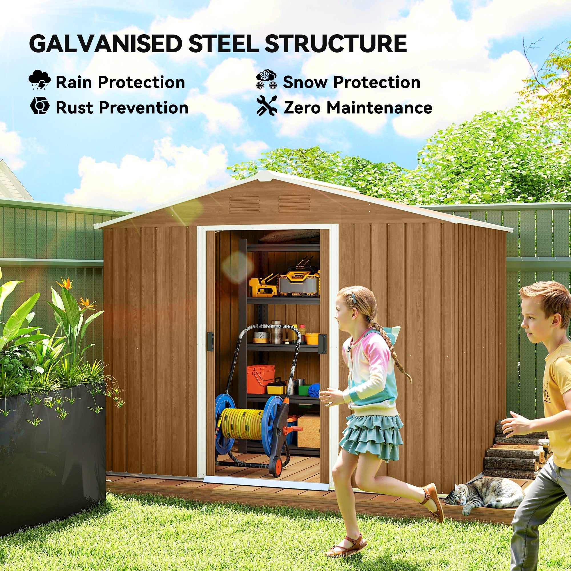 Outsunny 8 x 6ft Outdoor Garden Storage Shed, Metal Tool House with Ventilation and Sliding Doors Chocolate Wood Effect