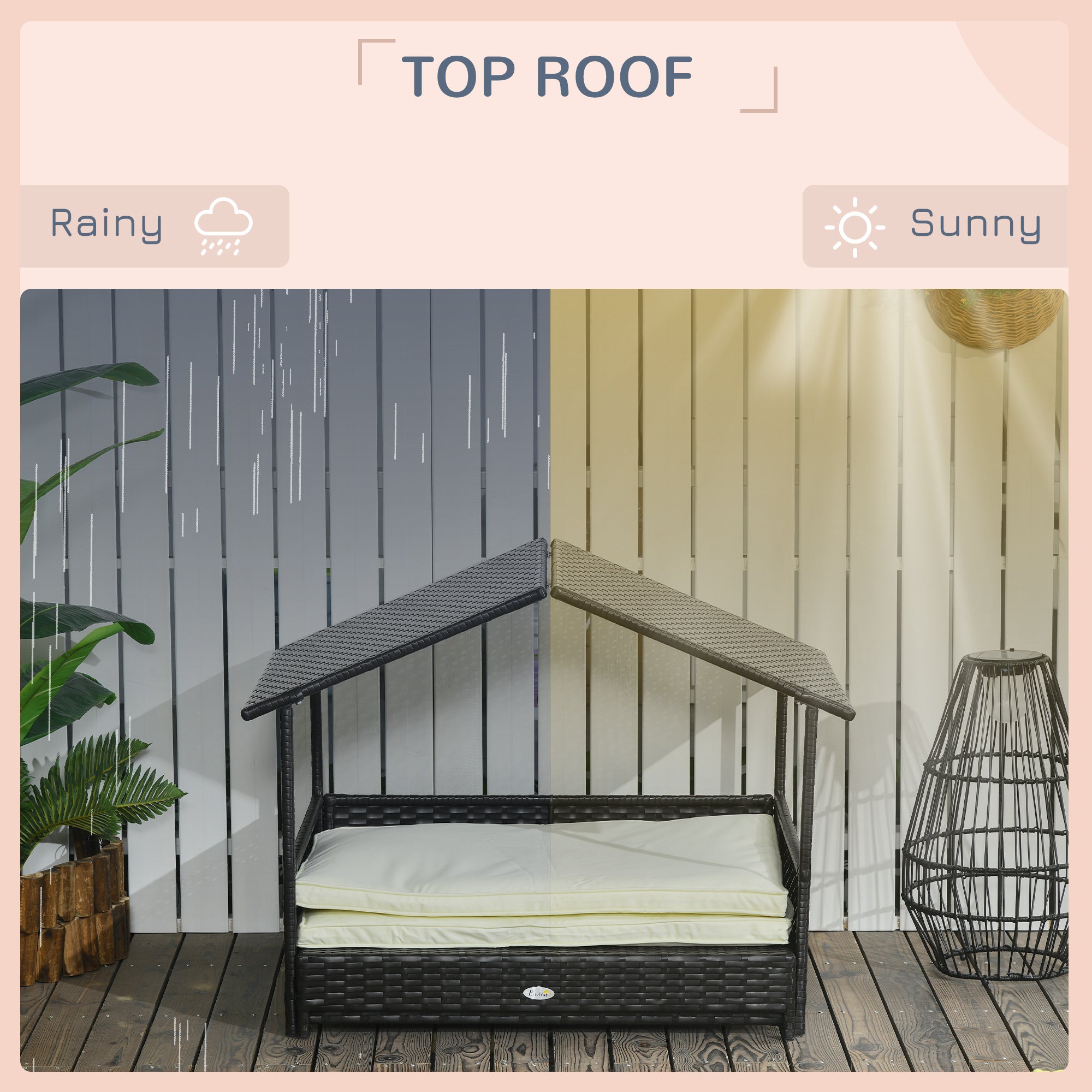 PawHut Extendable Elevated Dog Bed, Rattan Dog House, with Water-Resistant Roof, Removable Cushion, for Small, Medium Dogs - North Peak Garden Furniture