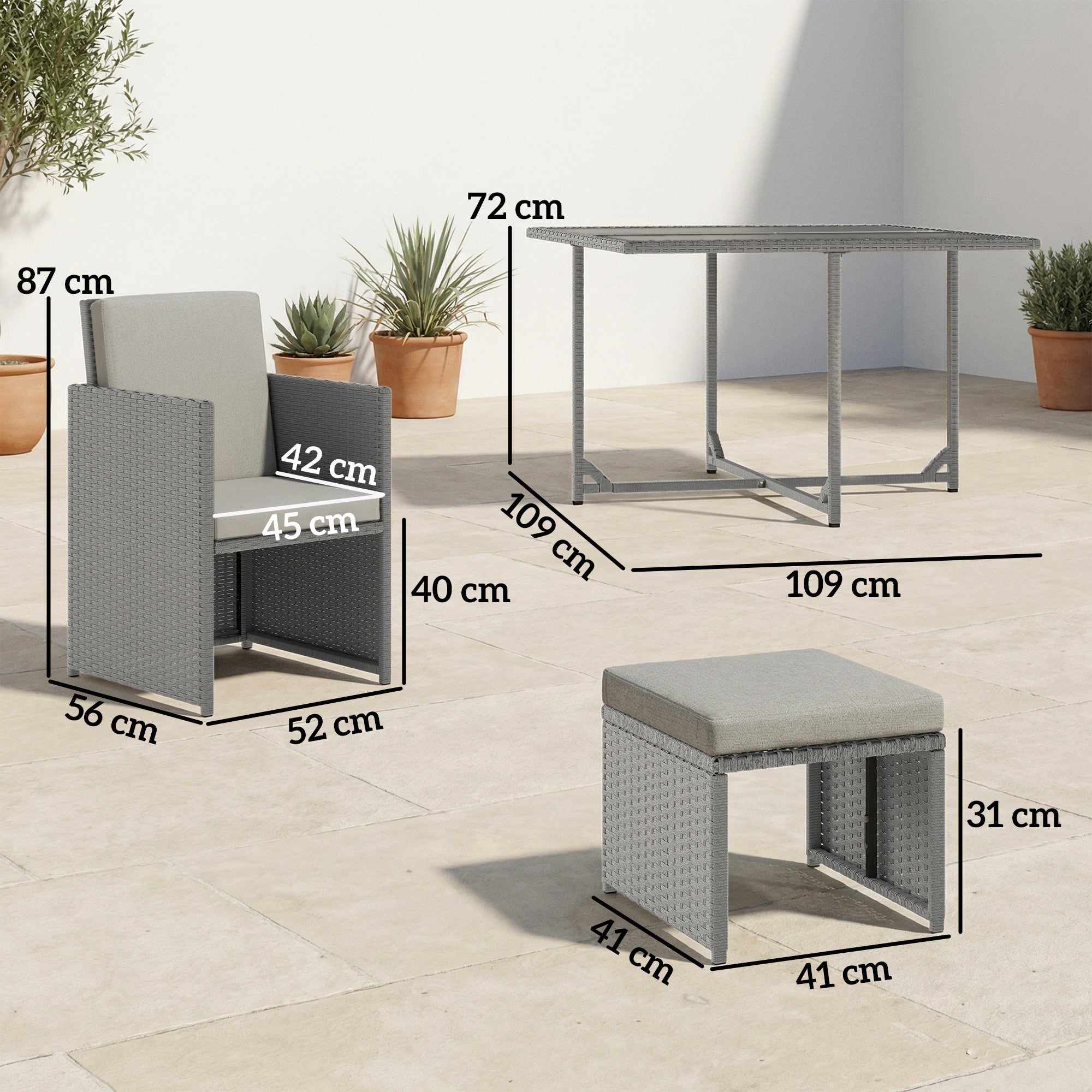 Outsunny 9 Piece Rattan Cube Garden Furniture Dining Set with Armchairs, Footstools and Glass-Top Table, Light Grey