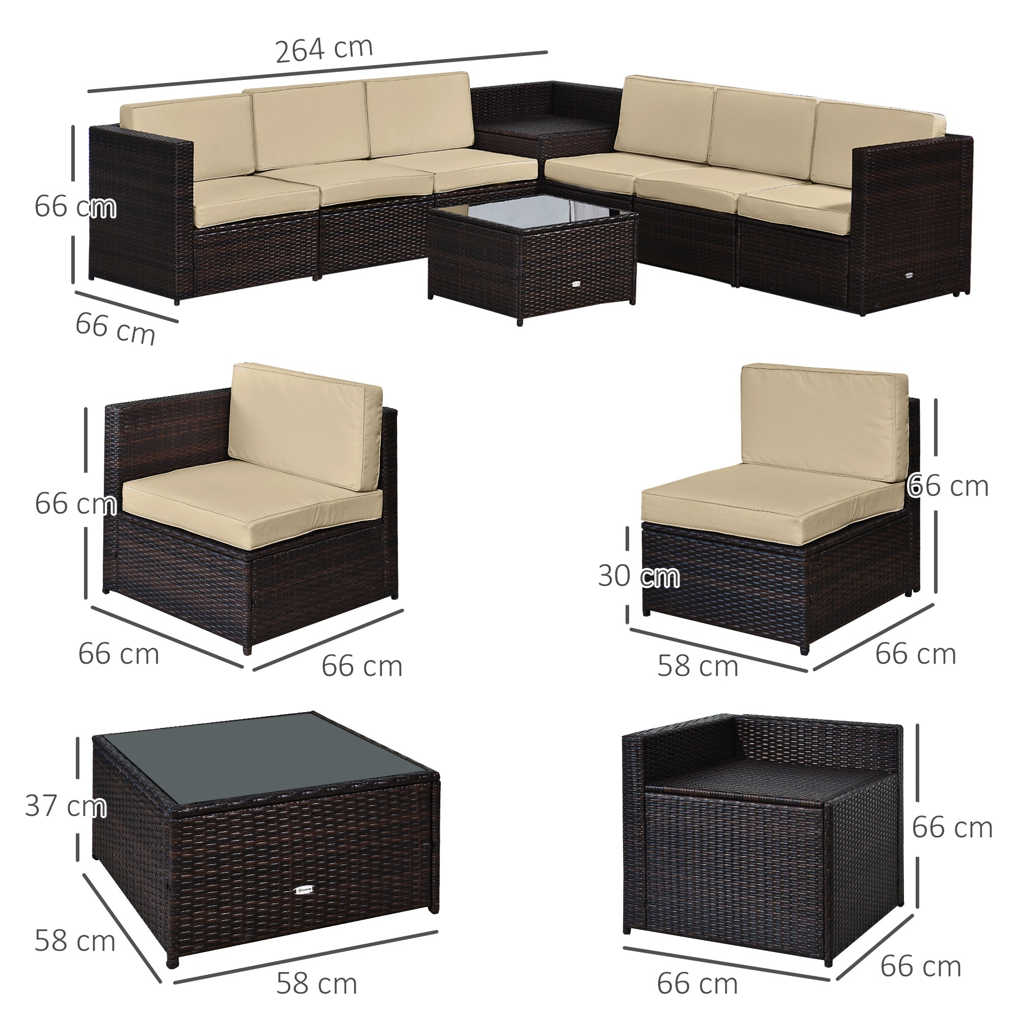 Outsunny 6-Seater Rattan Sofa Furniture Set W/Cushions, Steel Frame-Brown - North Peak Garden Furniture