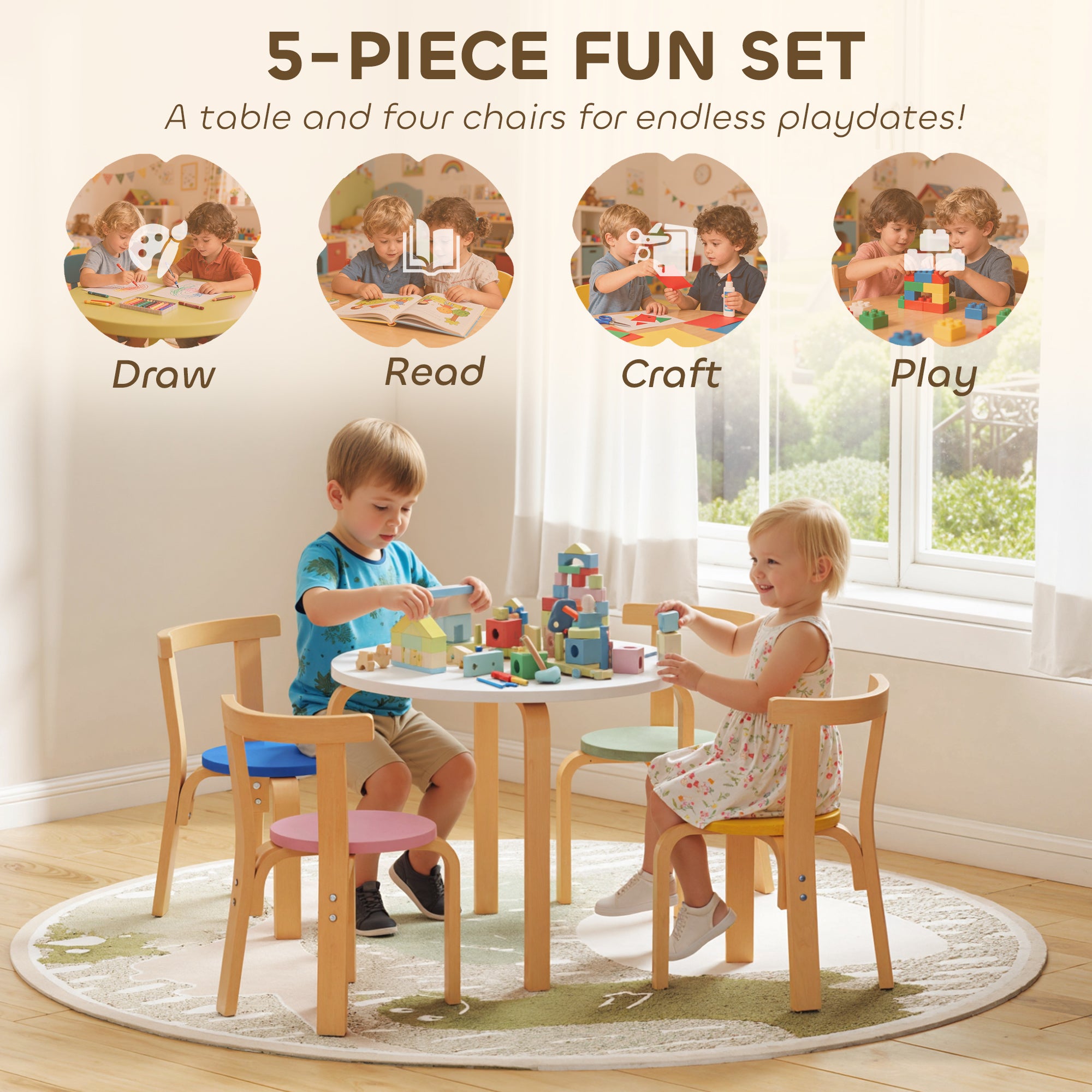 AIYAPLAY 5 Piece Kids Table and Chairs Set, Wooden Toddler Table and Chairs Set for Nursery, Playroom, Classroom, for 3-8 Years