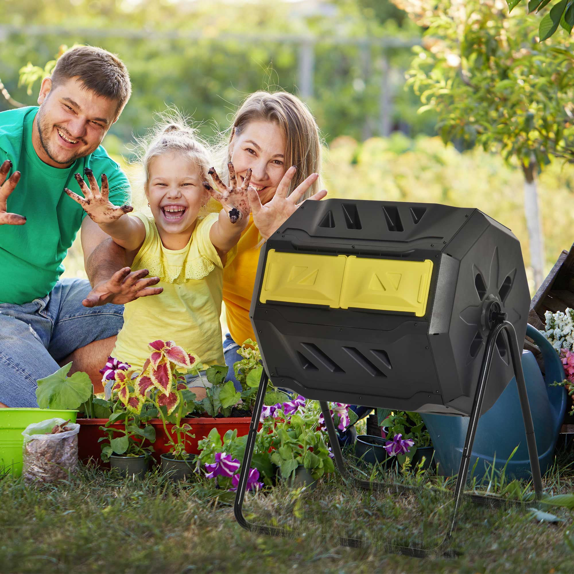 Outsunny 160L Tumbling Compost Bin Outdoor Dual Chamber 360° Rotating Composter, Garden Compost Bin w/ Sliding Doors & Solid Steel Frame, Yellow - North Peak Garden Furniture