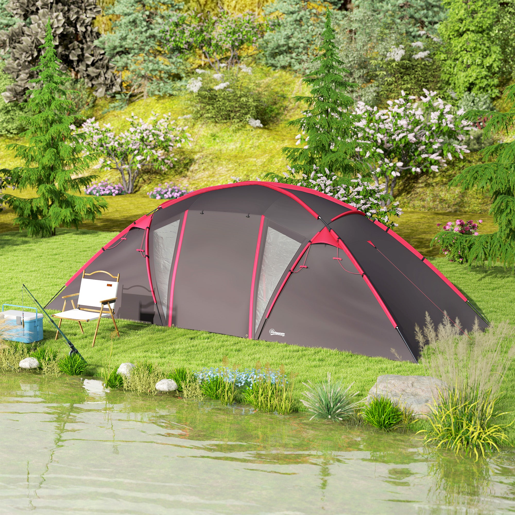 Outsunny 4-6 Man Family Camping Tent w/ 2 Bedrooms and a Living Room, Waterproof Tunnel Tent w/ Sewn In Groundsheet, Doors, Windows, Carry Bag, Grey - North Peak Garden Furniture