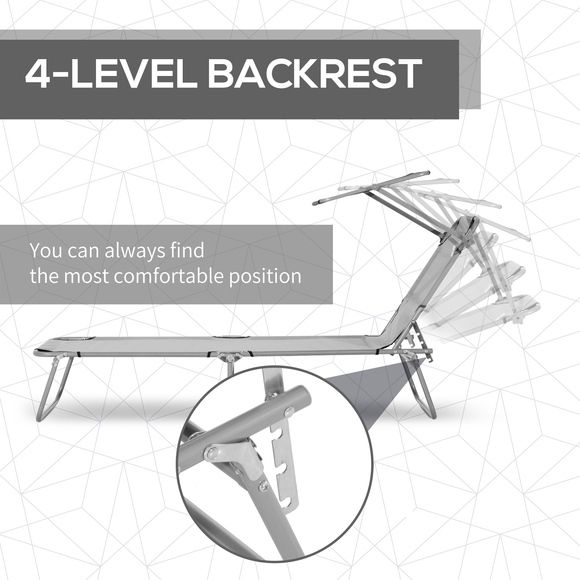 Outsunny 2 Pieces Outdoor Foldable Sun Lounger, 4 Level Adjustable Backrest Reclining Sun Lounger Chair with Angle Adjust Sun Shade Awning for Beach, Garden, Patio, Light Grey - North Peak Garden Furniture