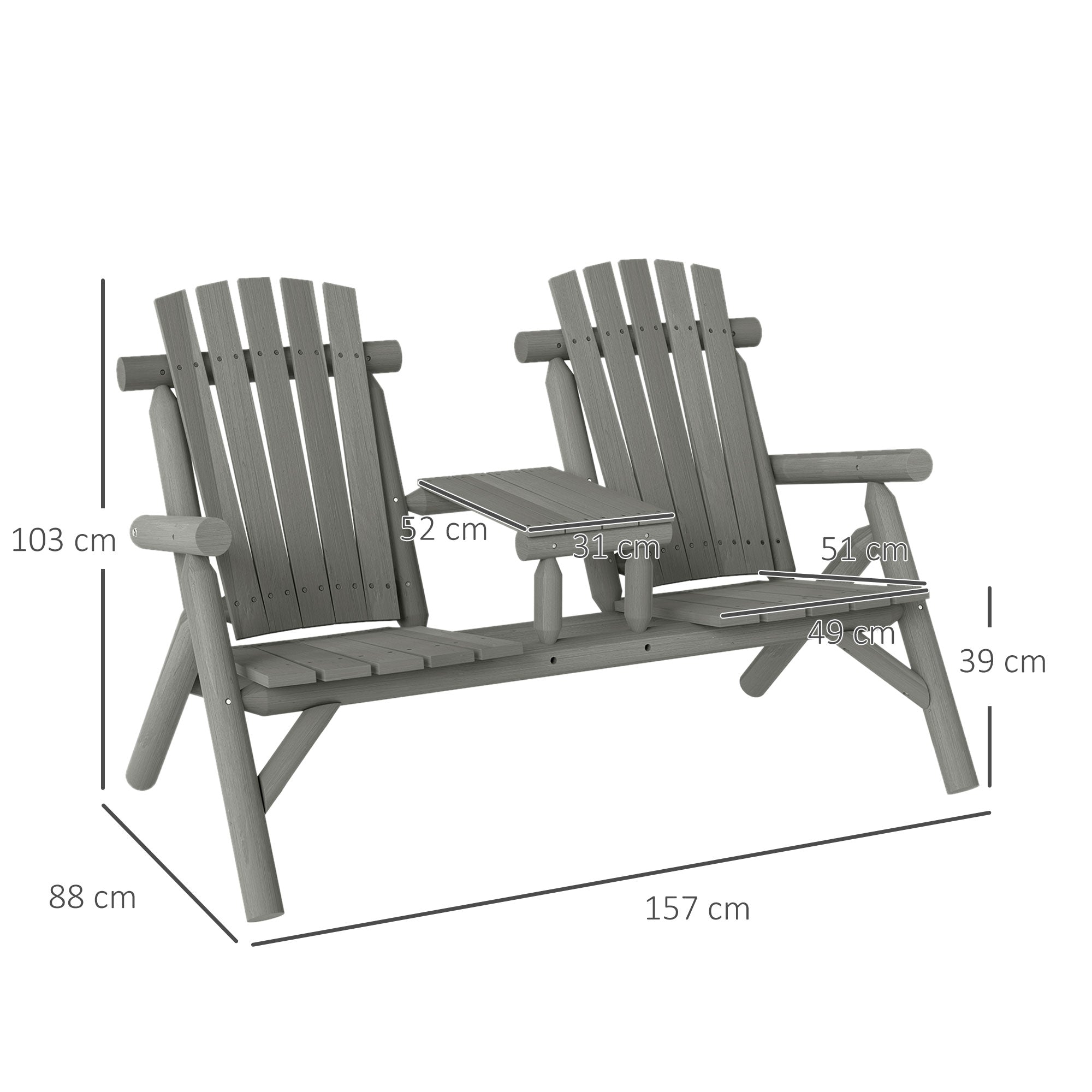 Outsunny Wood Patio Chair Bench 2 Seats w/ Centre Coffee Table, Garden Bench, Grey - North Peak Garden Furniture