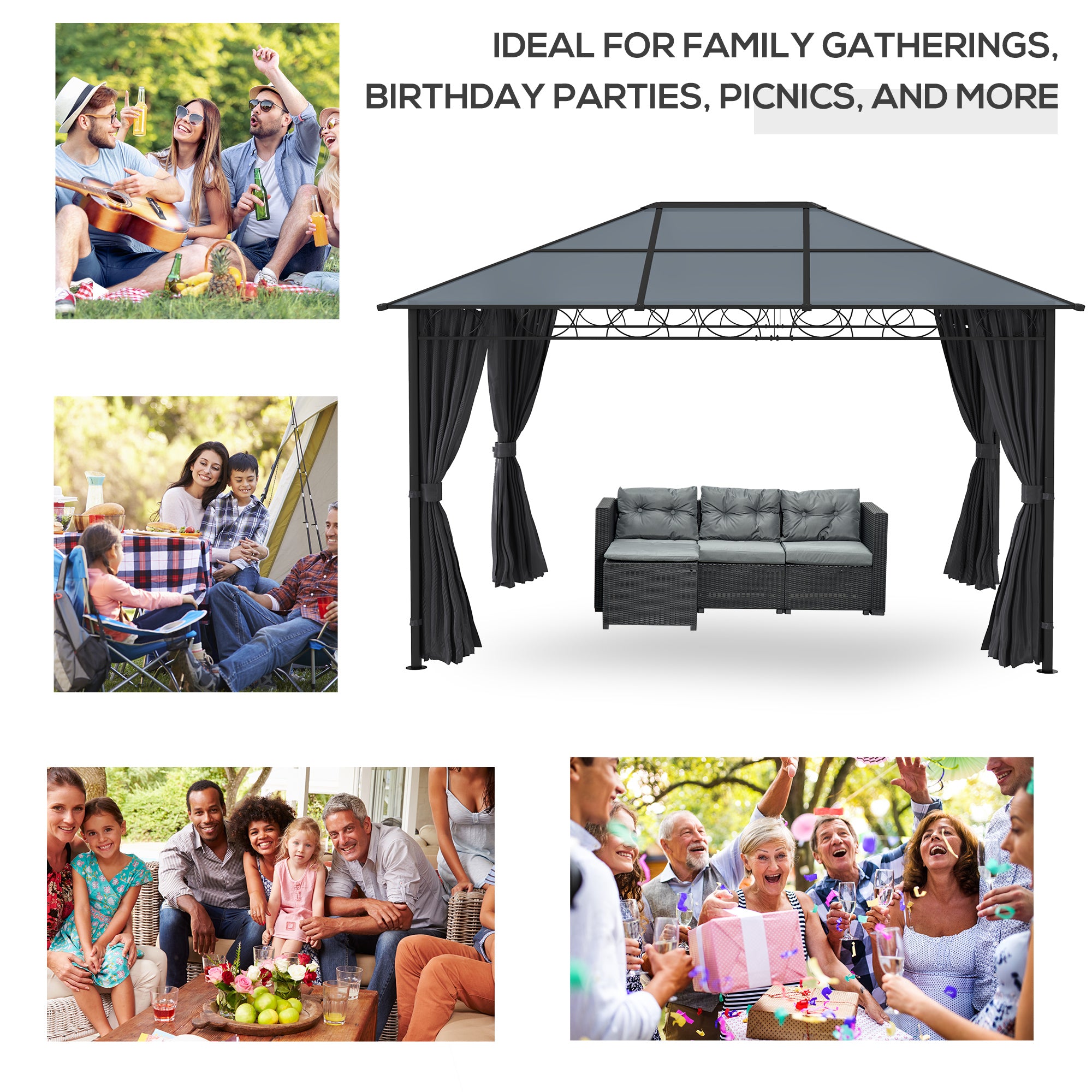 Outsunny Hardtop Gazebo Garden Pavilion with UV Resistant Polycarbonate Roof, Curtains, Steel & Aluminium Frame, 3 x 4m, Grey - North Peak Garden Furniture