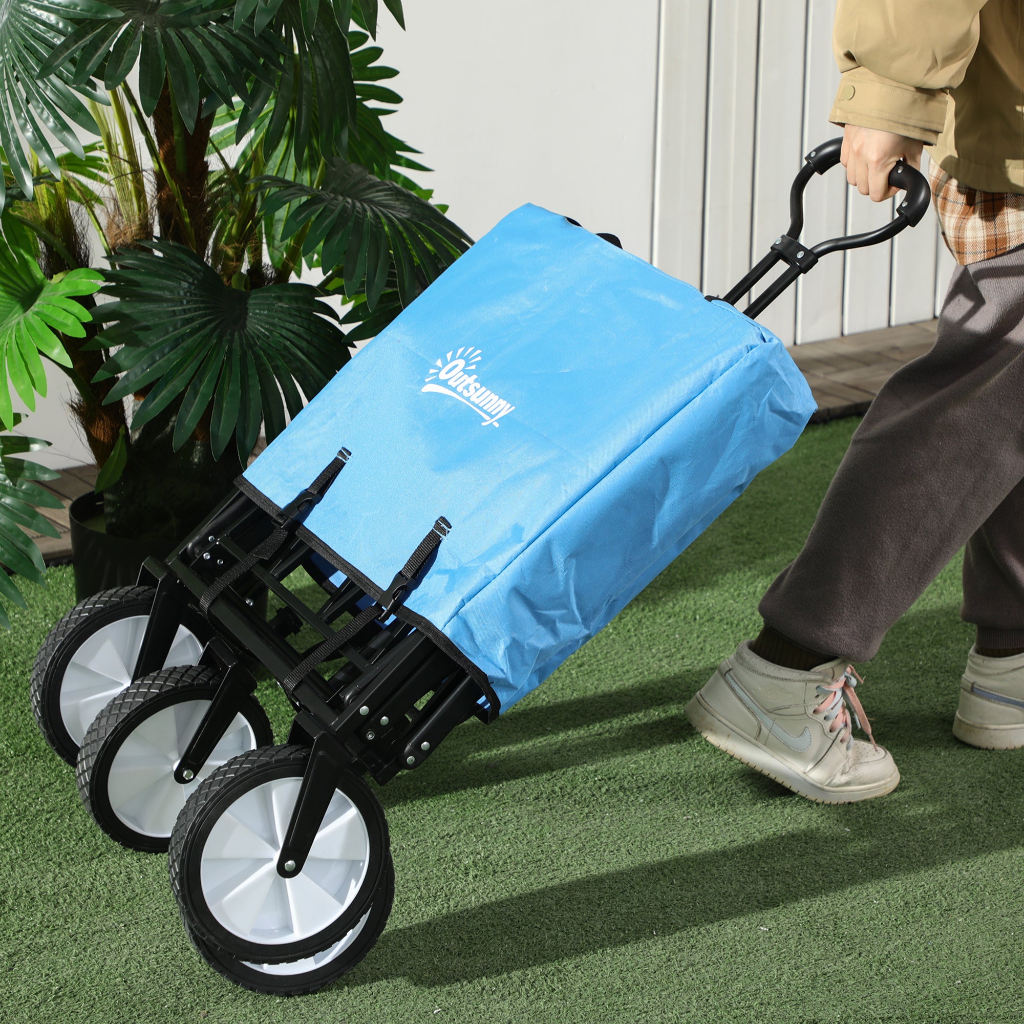 Outsunny 90L Folding Garden Trolley Cart Pull Along Wagon with Telescopic Handle for Beach Camping Festival - Blue - North Peak Garden Furniture