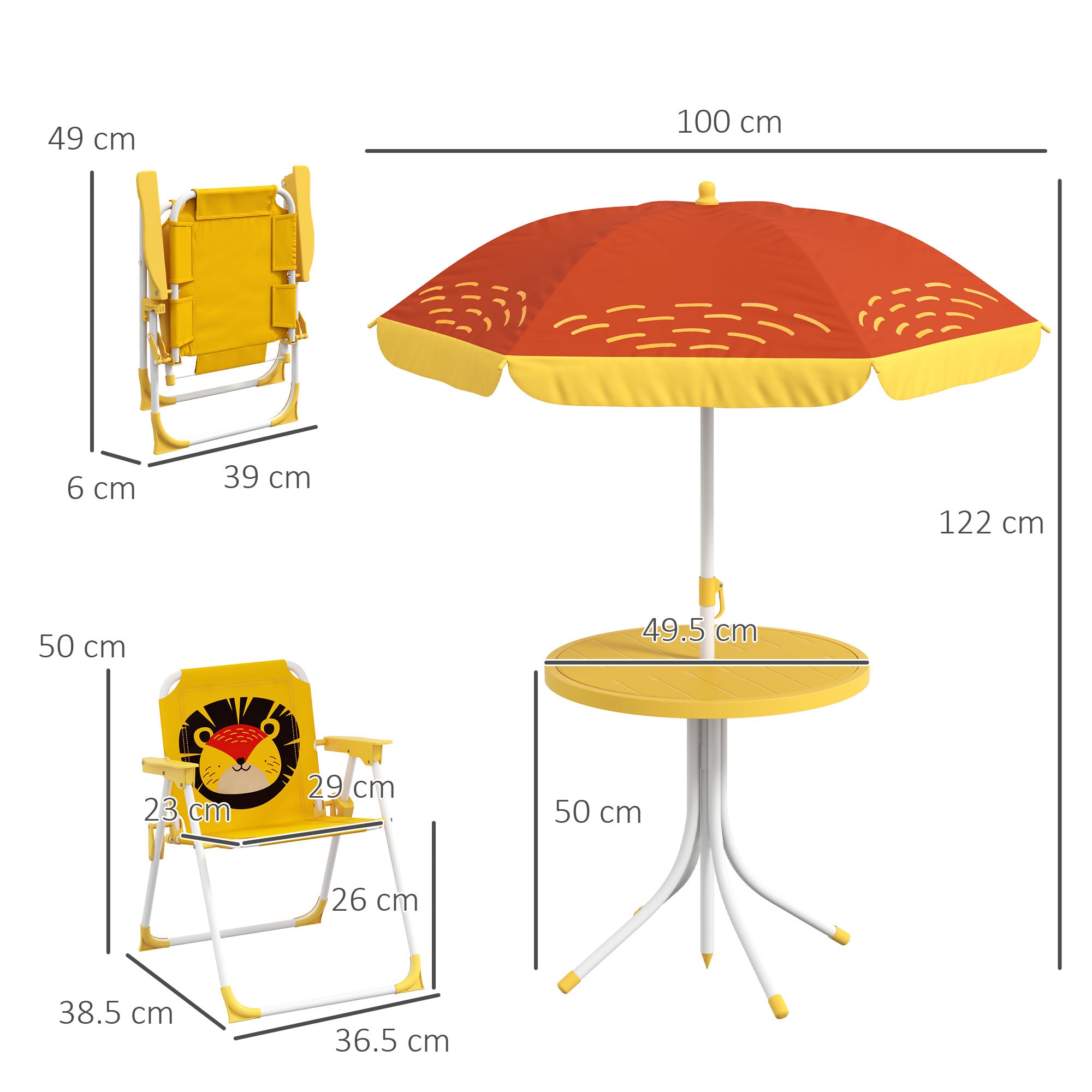 Outsunny Kids Picnic Table and Chair Set, Lion Themed Outdoor Garden Furniture w/ Foldable Chairs, Adjustable Parasol - Yellow - North Peak Garden Furniture