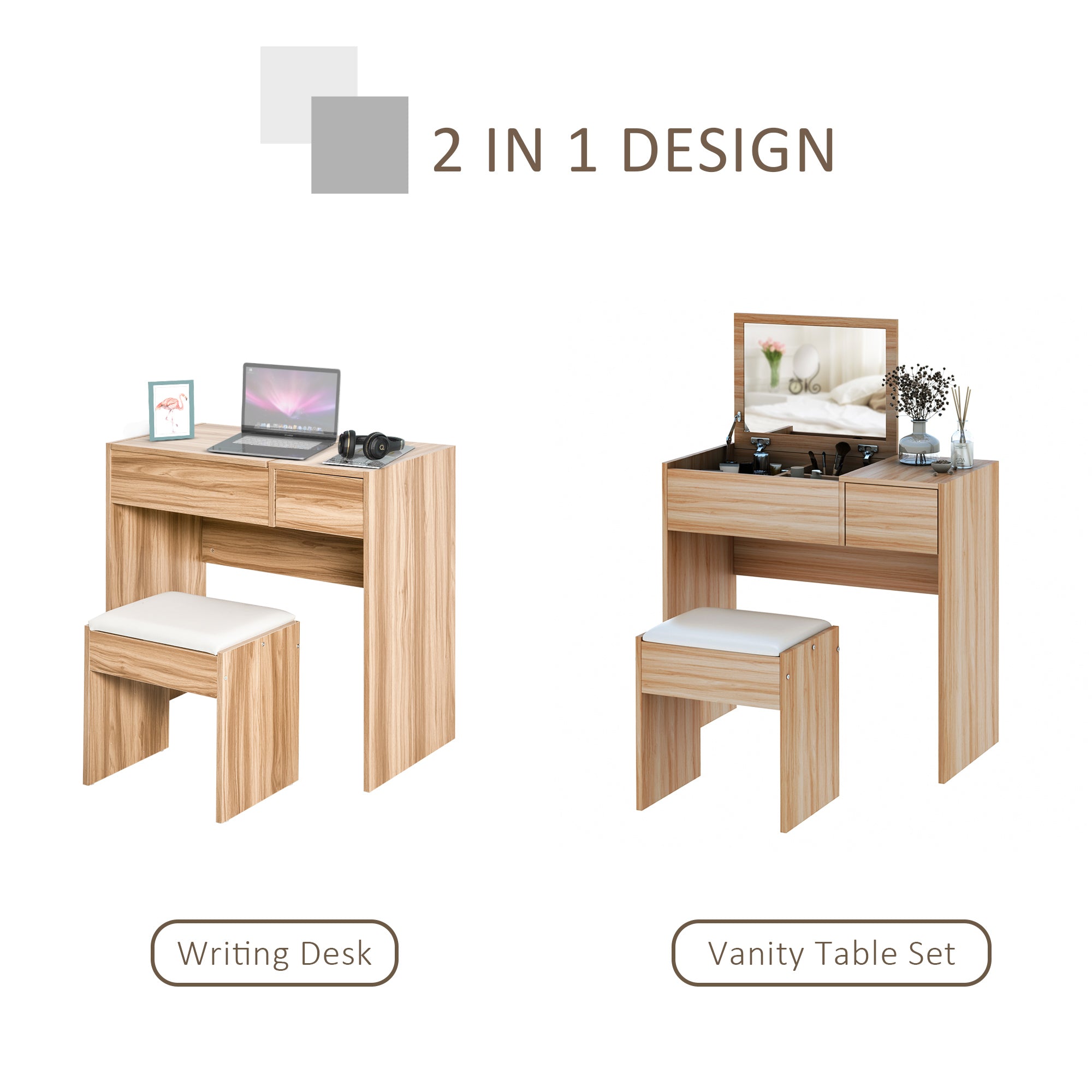 HOMCOM Makeup Desk with Drawer, Vanity Table Set with Flip-up Mirror and Cushioned Stool, Natural - North Peak Garden Furniture