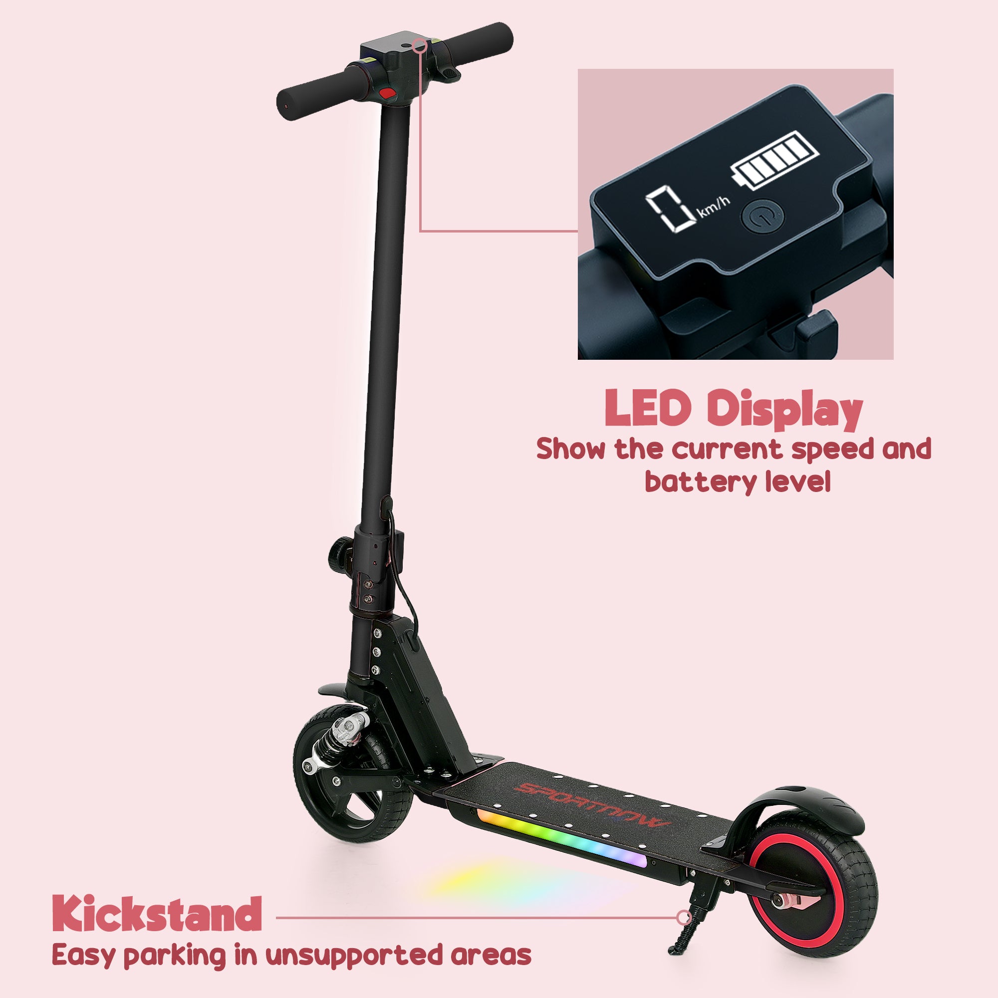 SPORTNOW Folding Electric Scooter for Kids Age 6-14 with Dual Brakes, Front Suspension, LED Colourful Lights and Display, 6.8kg Lightweight Aluminium E Scooter, Up to 14 KM/H & 6 KM, Black - North Peak Garden Furniture