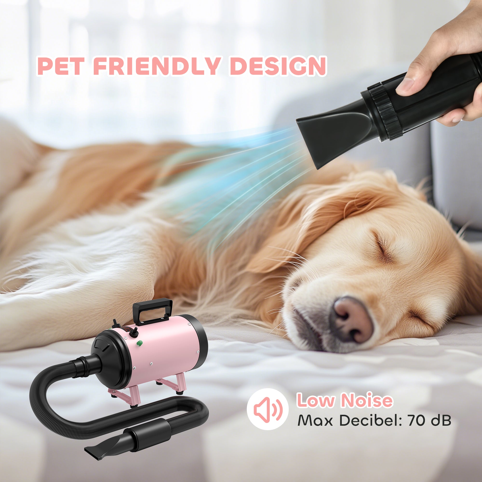 PawHut 2200W Dog Hair Dryer with Adjustable Temperature & Velocity, 3 Different Nozzles, Pink - North Peak Garden Furniture