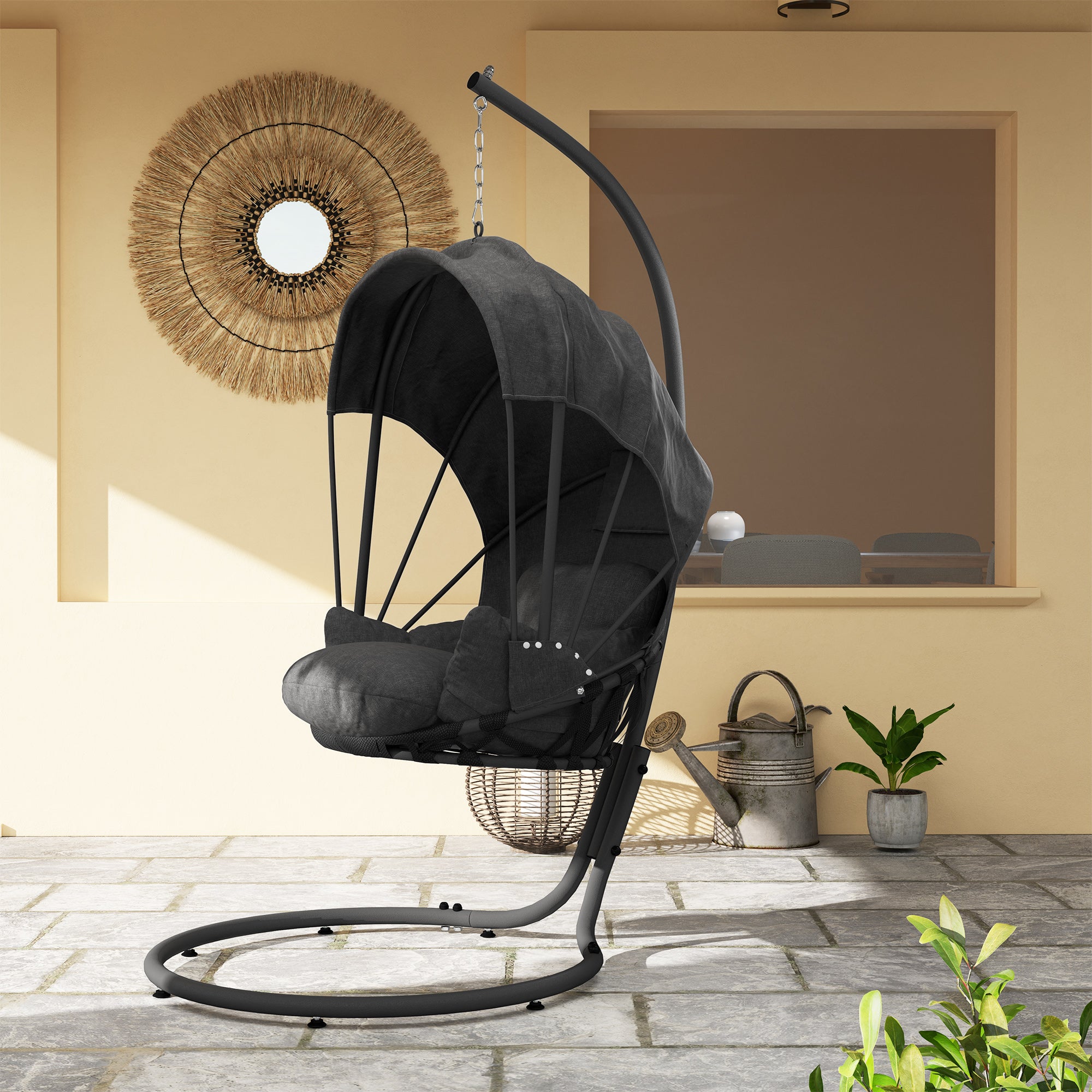 Outsunny Hanging Egg Chair Swing Hammock Chair with Stand, Cushion and Retractable Canopy, for Indoor and Outdoor, Grey - North Peak Garden Furniture
