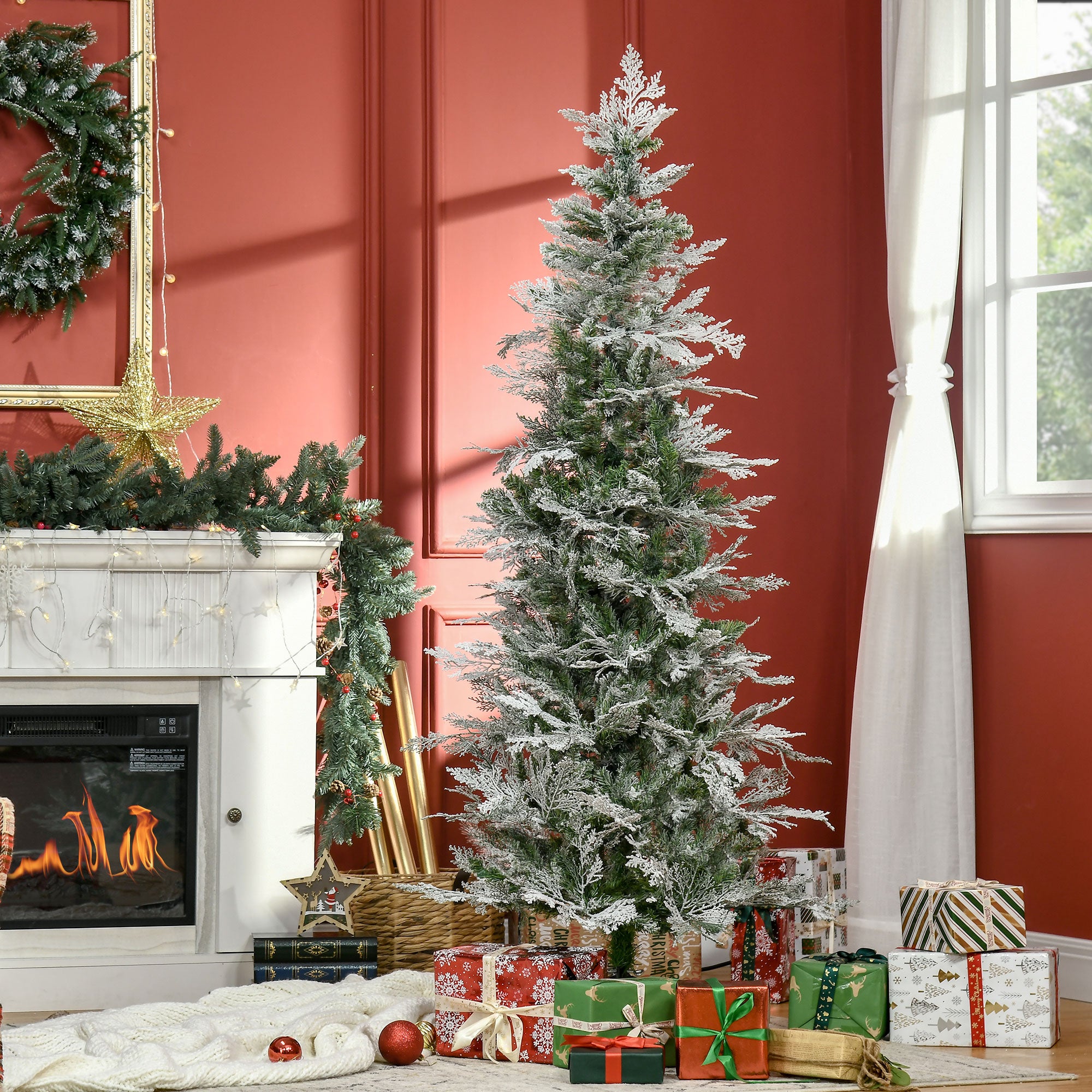 HOMCOM 6 Ft Pencil Snow Flocked Artificial Christmas Tree with Realistic Cypress Branches, Auto Open, Green - North Peak Garden Furniture