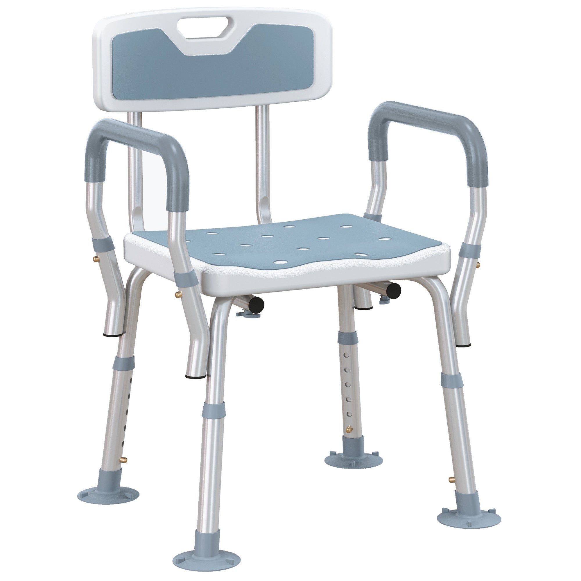 HOMCOM EVA Padded Shower Chair for the Elderly and Disabled, Height Adjustable Shower Stool with Back and Arms, 4 Suction Foot Pads, Light Blue