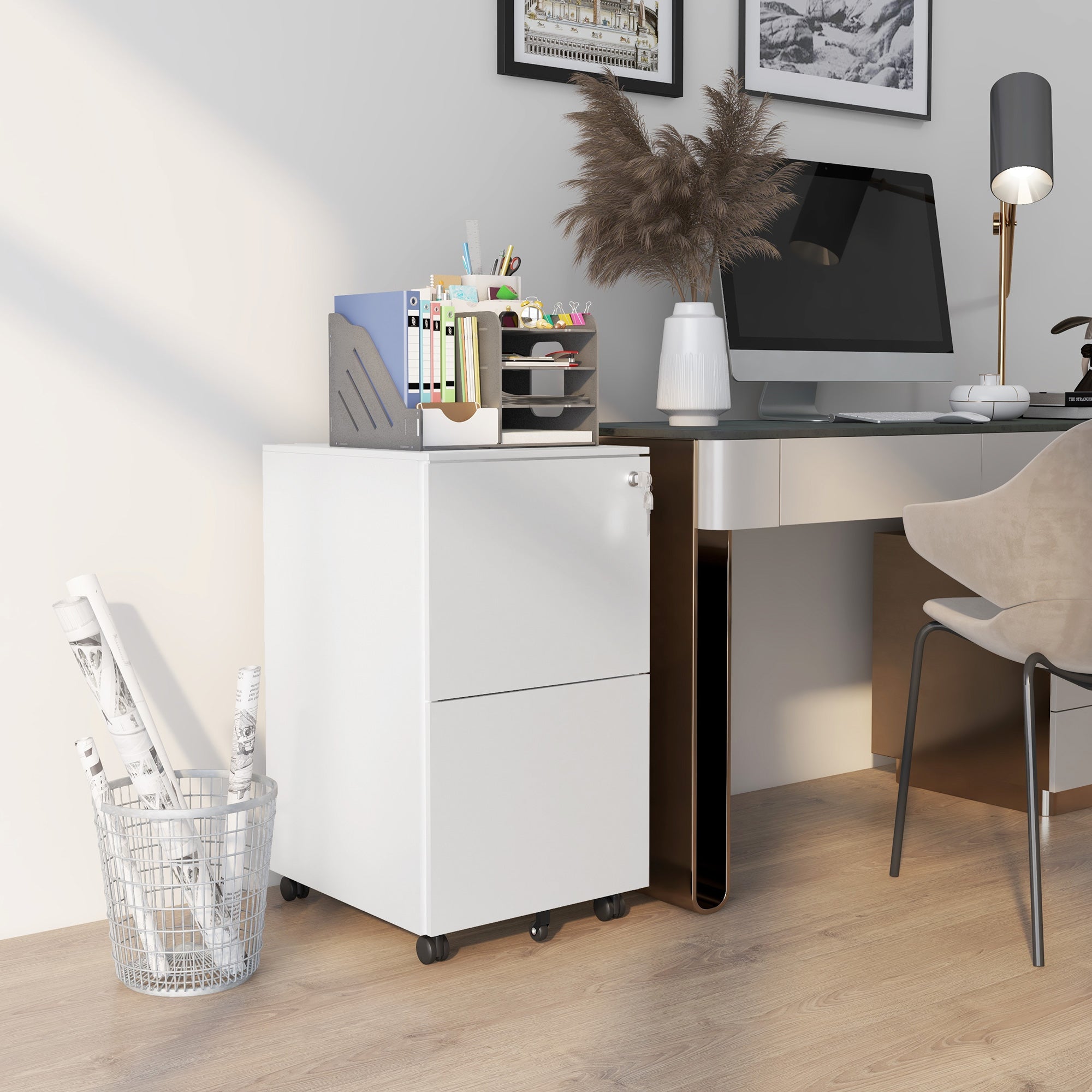 Vinsetto 2-Drawer Vertical Filing Cabinet with Lock and 5 Wheels, Steel Mobile File Cabinet, for A4, Legal and Letter Size, Pre-Assembled Body, White - North Peak Garden Furniture