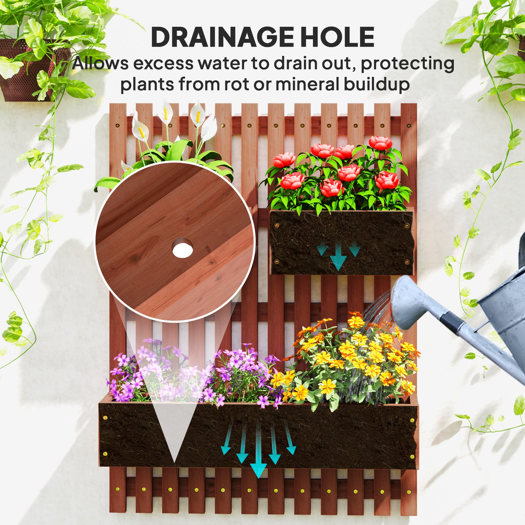 Outsunny Wall-mounted Wooden Garden Planters with Trellis, Drainage Holes and 3 Planter Boxes for Patio, Brown - North Peak Garden Furniture