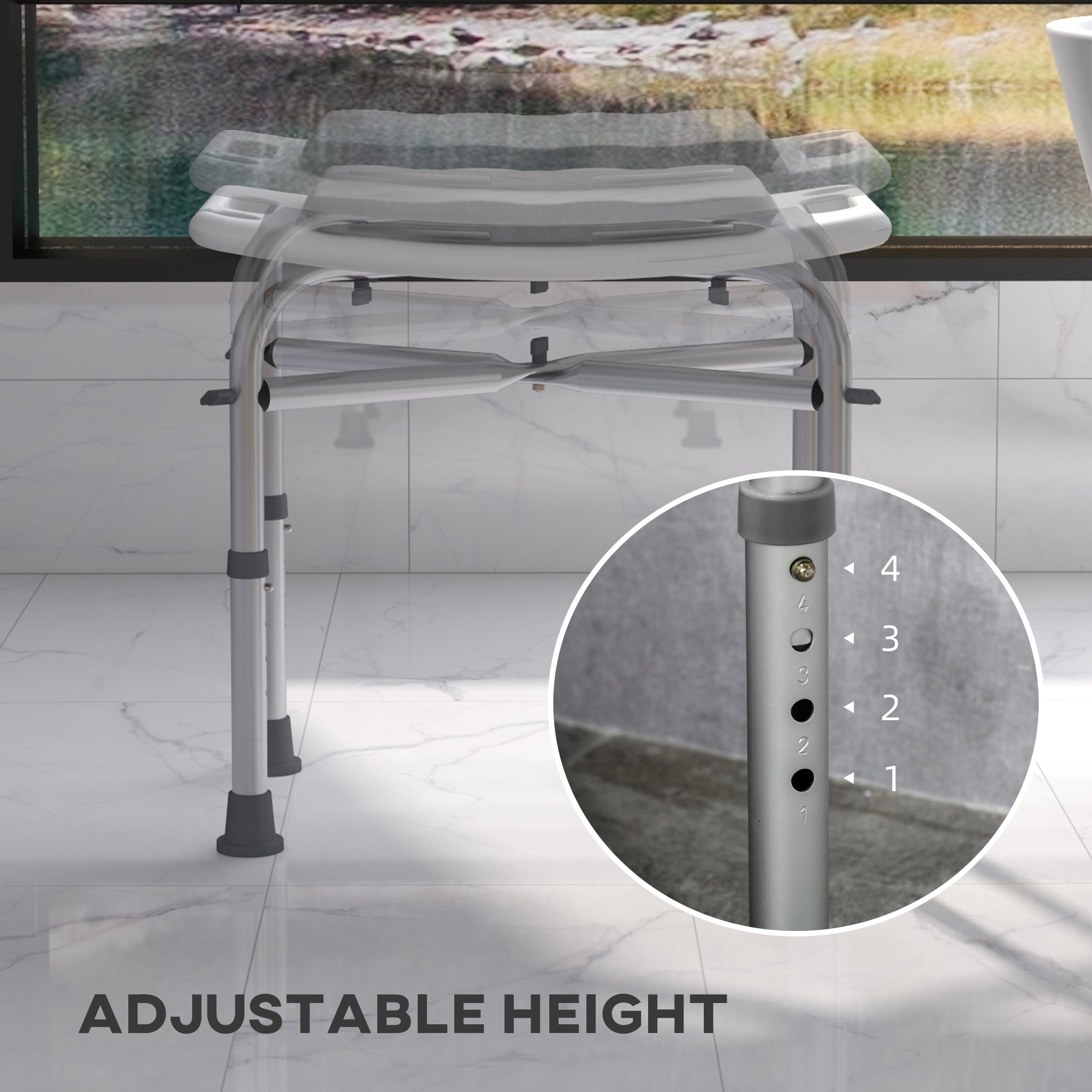 HOMCOM Aluminium Shower Stool for Elderly, Height Adjustable Shower Seat with Removable Padded Cushion, Shower Head Holder, Non-Slip Bath Stool for Seniors, Disabled, Pregnant, White - North Peak Garden Furniture