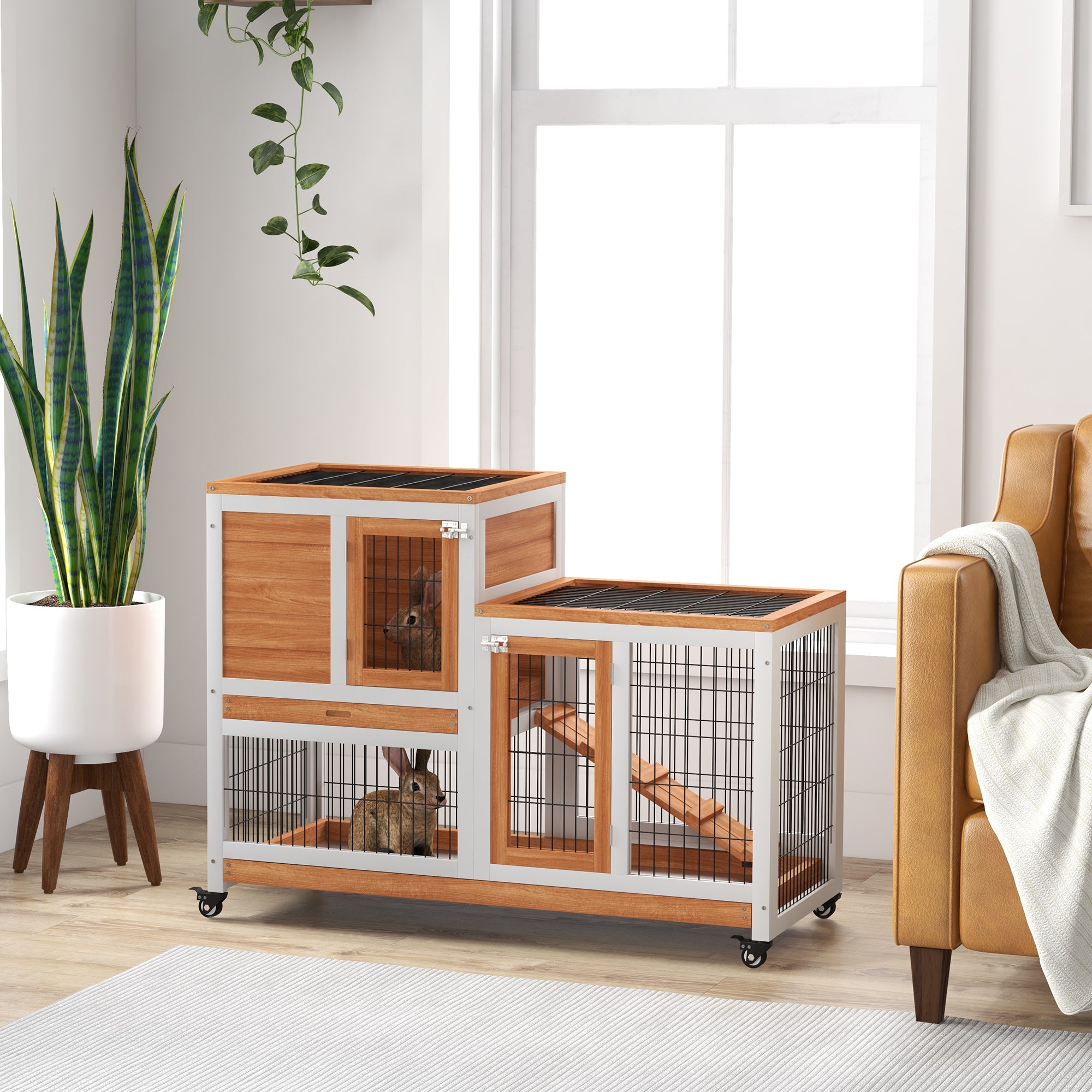 PawHut Wooden Indoor Hutch Elevated Cage w/ Wheel, Run, Yellow - North Peak Garden Furniture