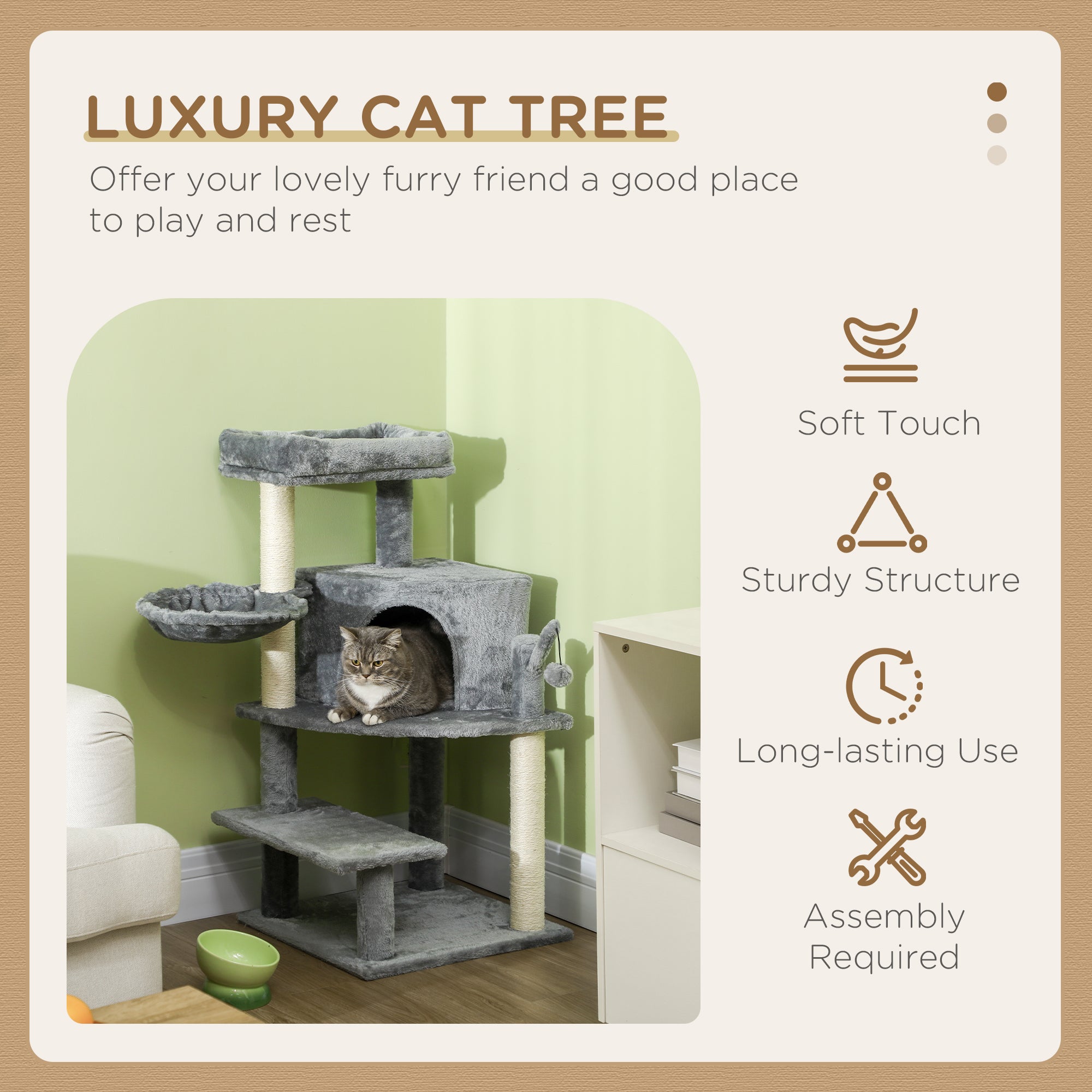 PawHut Sisal 100cm Cat Tree Tower with Sisal Scratching Post Grey - North Peak Garden Furniture
