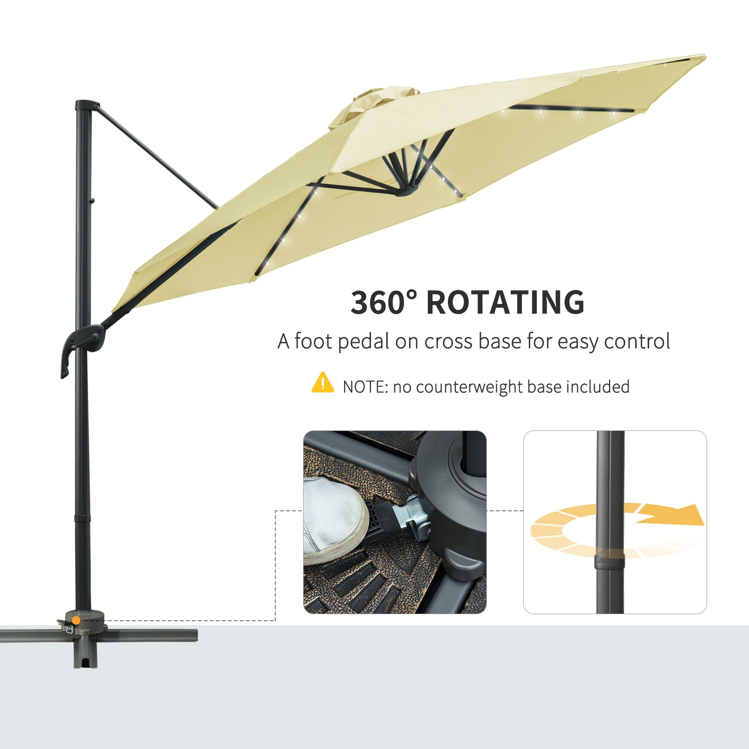 Outsunny 3(m) LED Cantilever Parasol Garden Sun Umbrella w/ Base and Solar Lights Beige - North Peak Garden Furniture