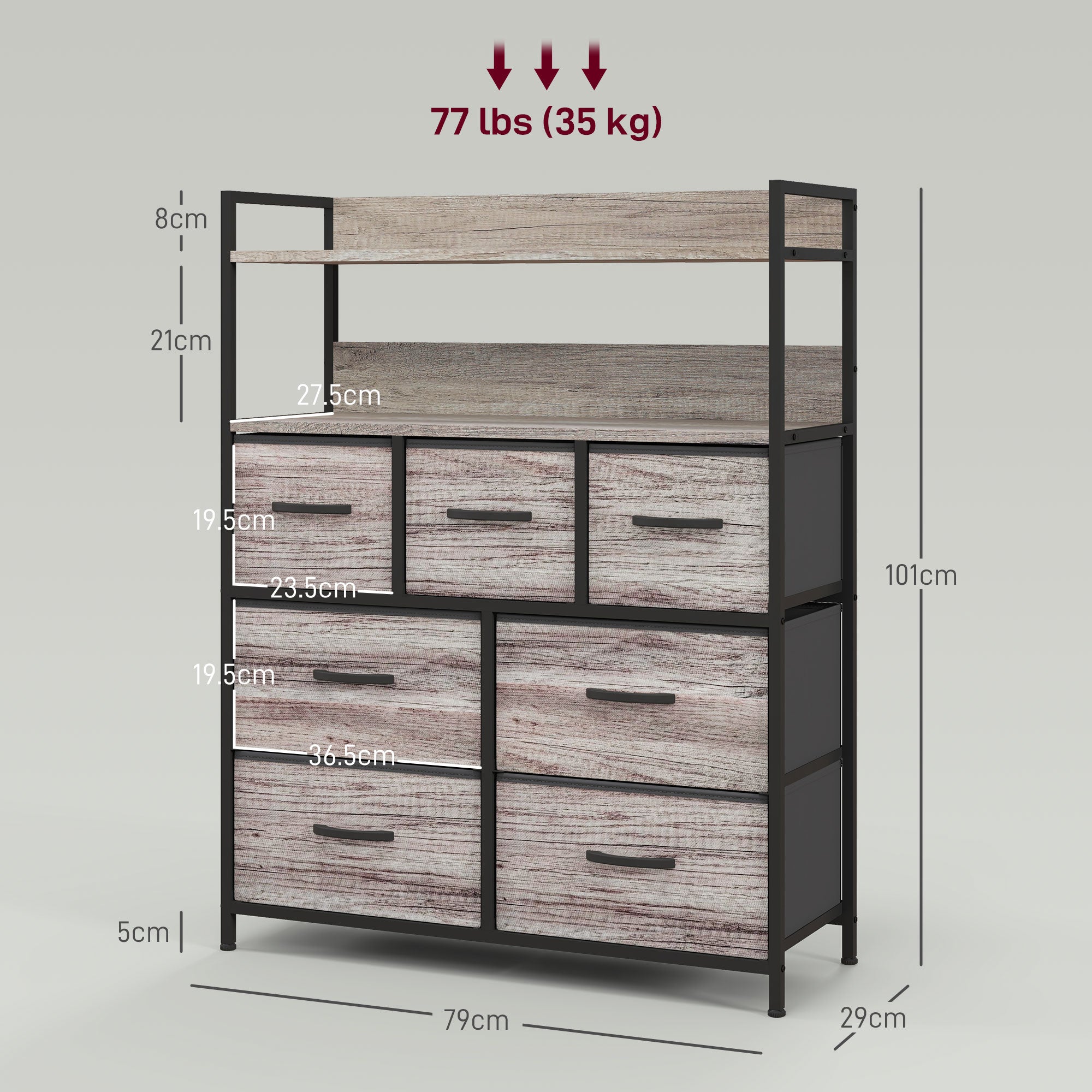 HOMCOM Rustic Chest of Seven Fabric Drawers - Grey Wood Effect - North Peak Garden Furniture