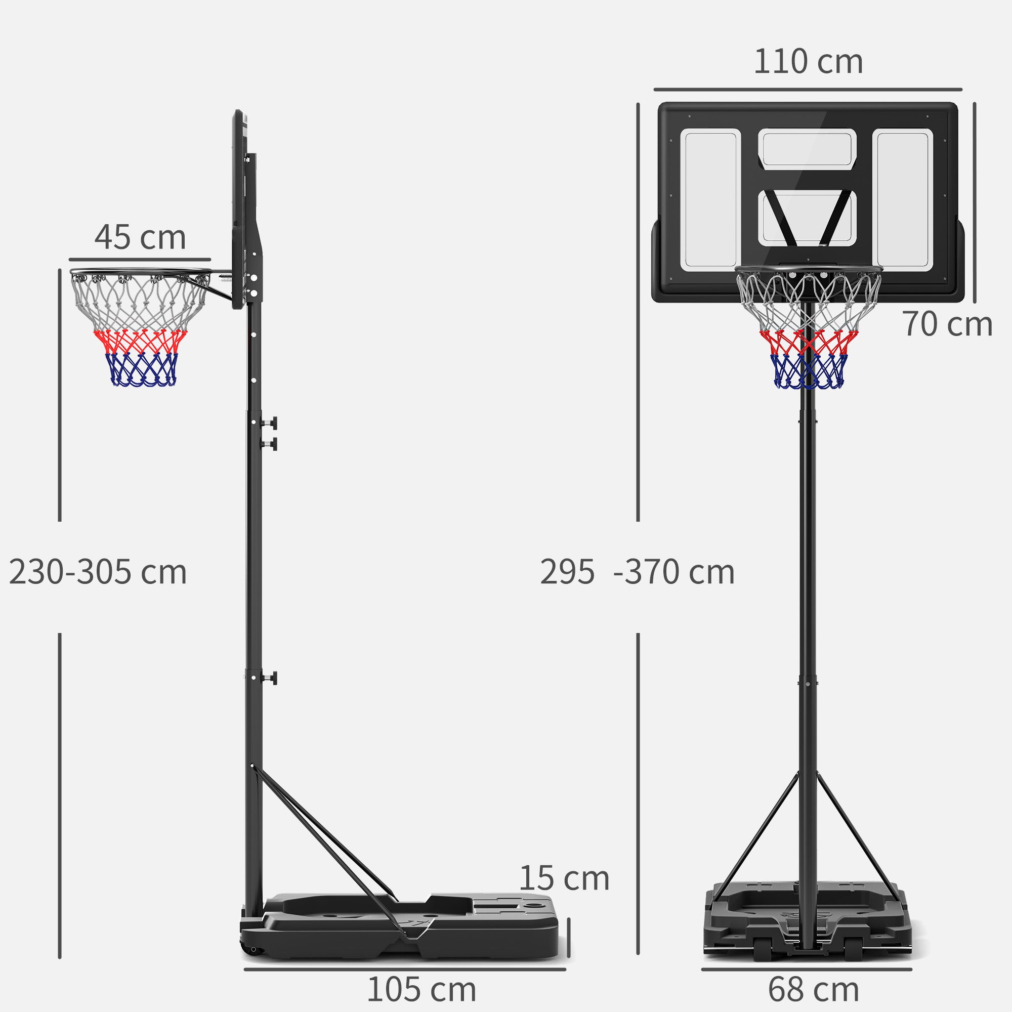 SPORTNOW Basketball Hoop Outdoor, Basketball Hoop and Stand with 10-Level Adjustable Height, Weighted Base, Portable on Wheels, 2.3-3.05m, for Teens, Juniors, Adults - North Peak Garden Furniture