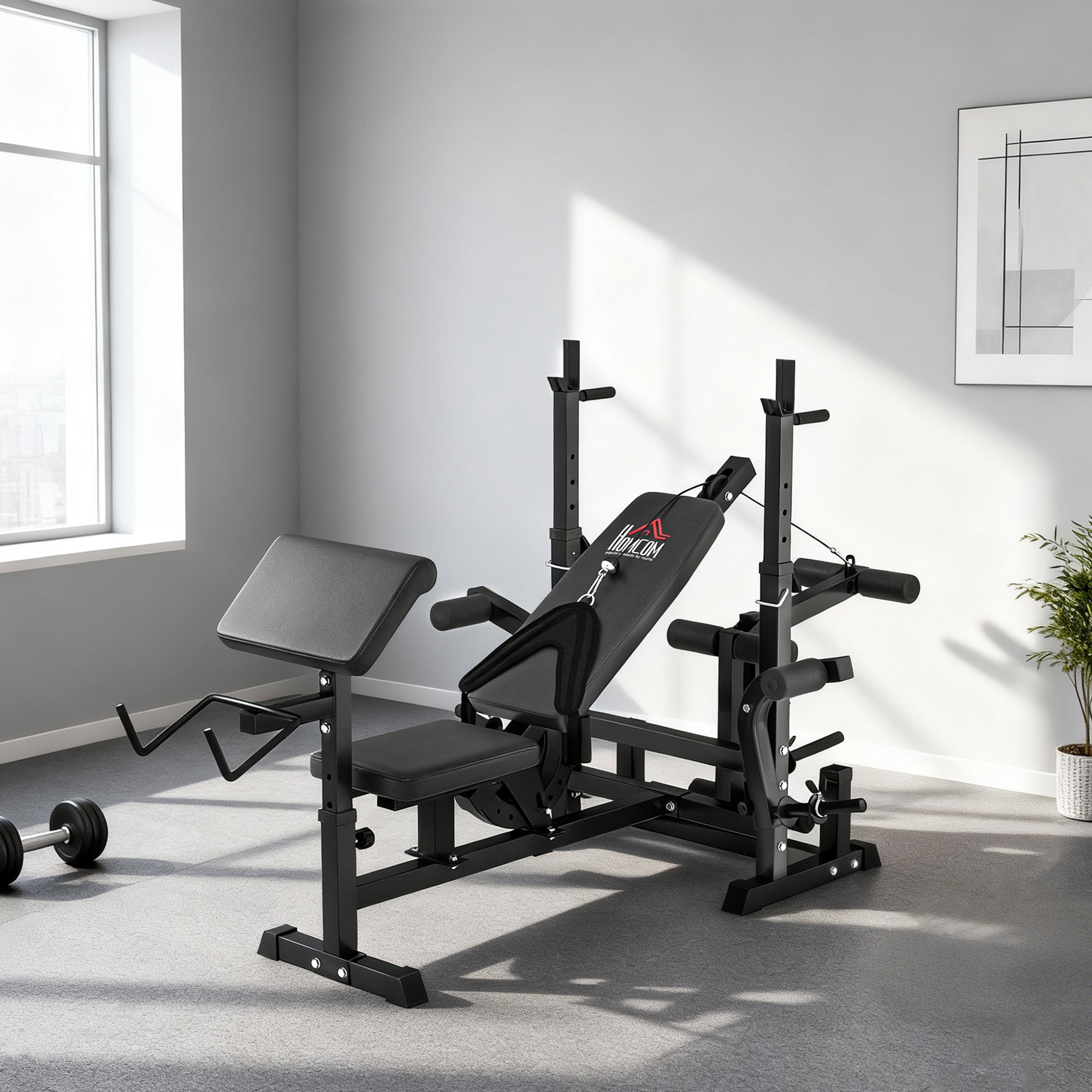 HOMCOM Multi-Exercise Full-Body Weight Rack with Bench Press, Leg Extension, Chest Fly Resistance Band & Preacher Curl
