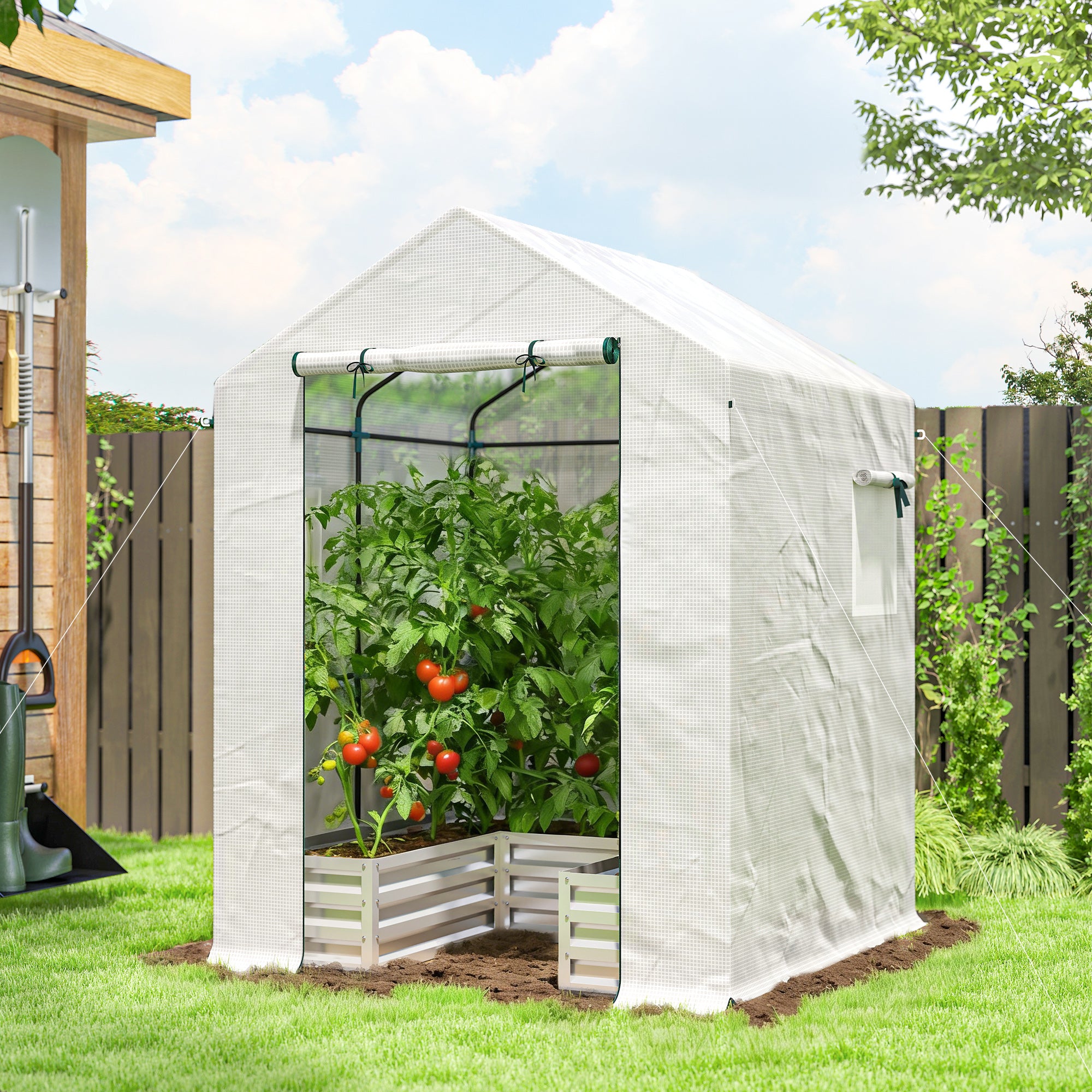 Outsunny Mini Greenhouse with Raised Garden Bed, Galvanised Walk-in Greenhouse with Roll Up Windows, 56" x 56" x 75", White