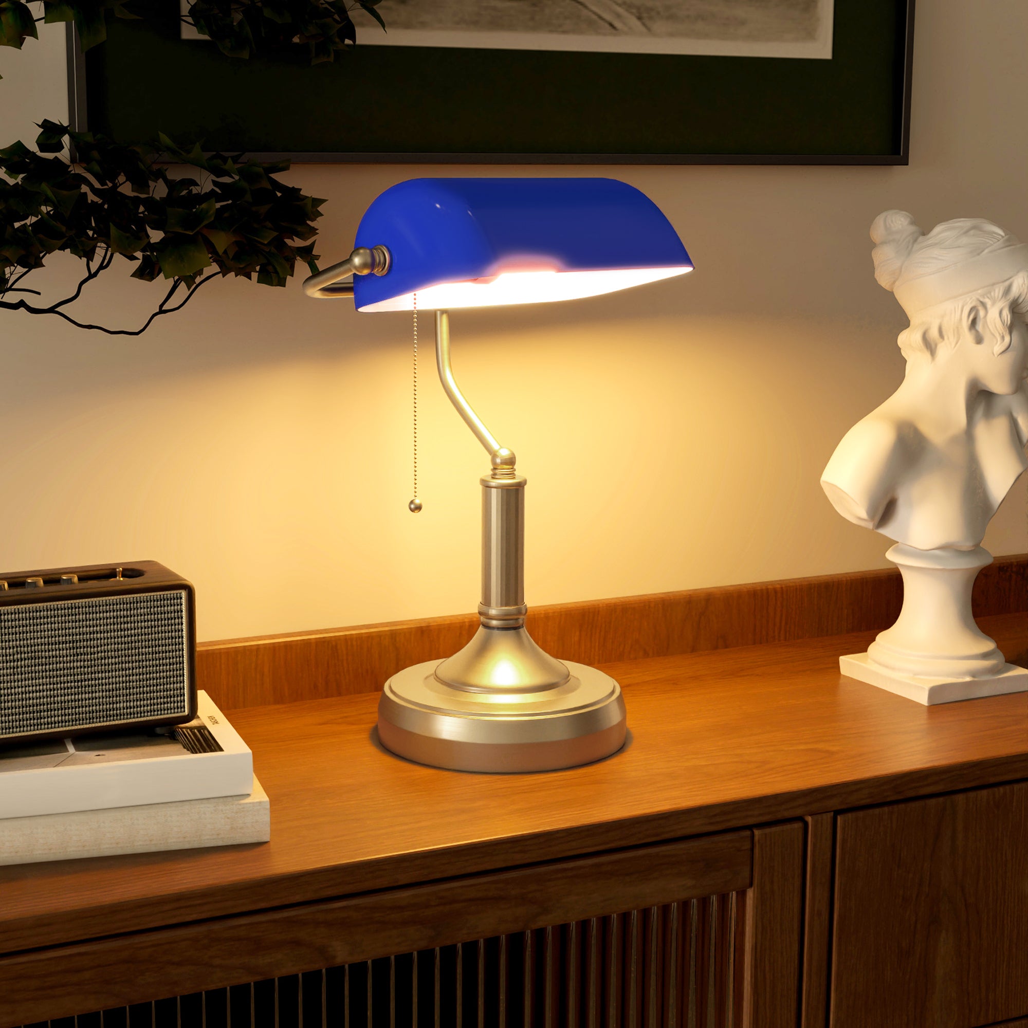 HOMCOM Banker's Desk Lamp with Antique Bronze Tone Base, Table Lamp with Blue Glass Shade for Home Office, Blue - North Peak Garden Furniture