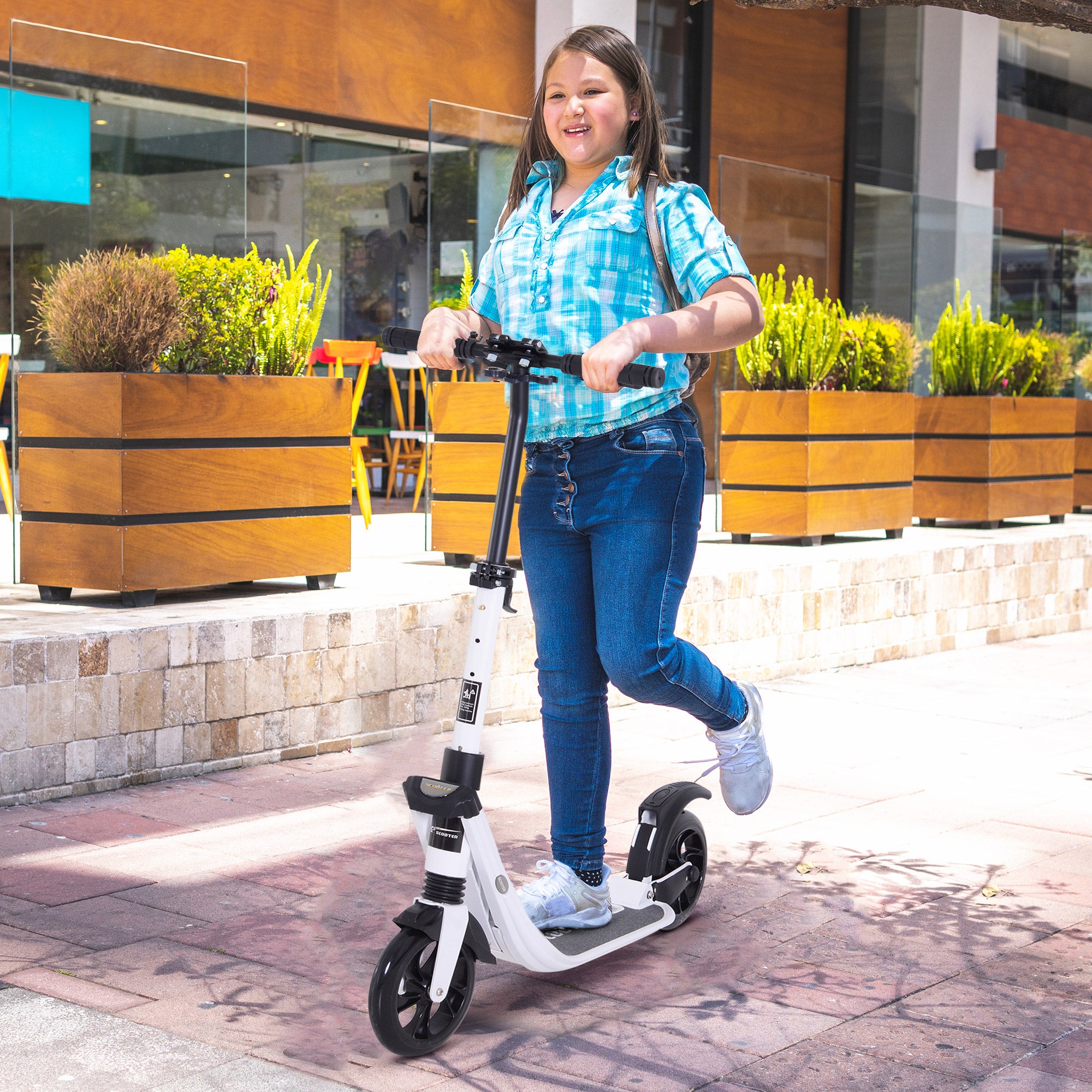 HOMCOM Folding Kick Scooter Hight-Adjustable Urban Scooter w/ Rear Brake, Double Shock Absorption System & 2 Big Wheels, For 14+ Teens Adult, White - North Peak Garden Furniture