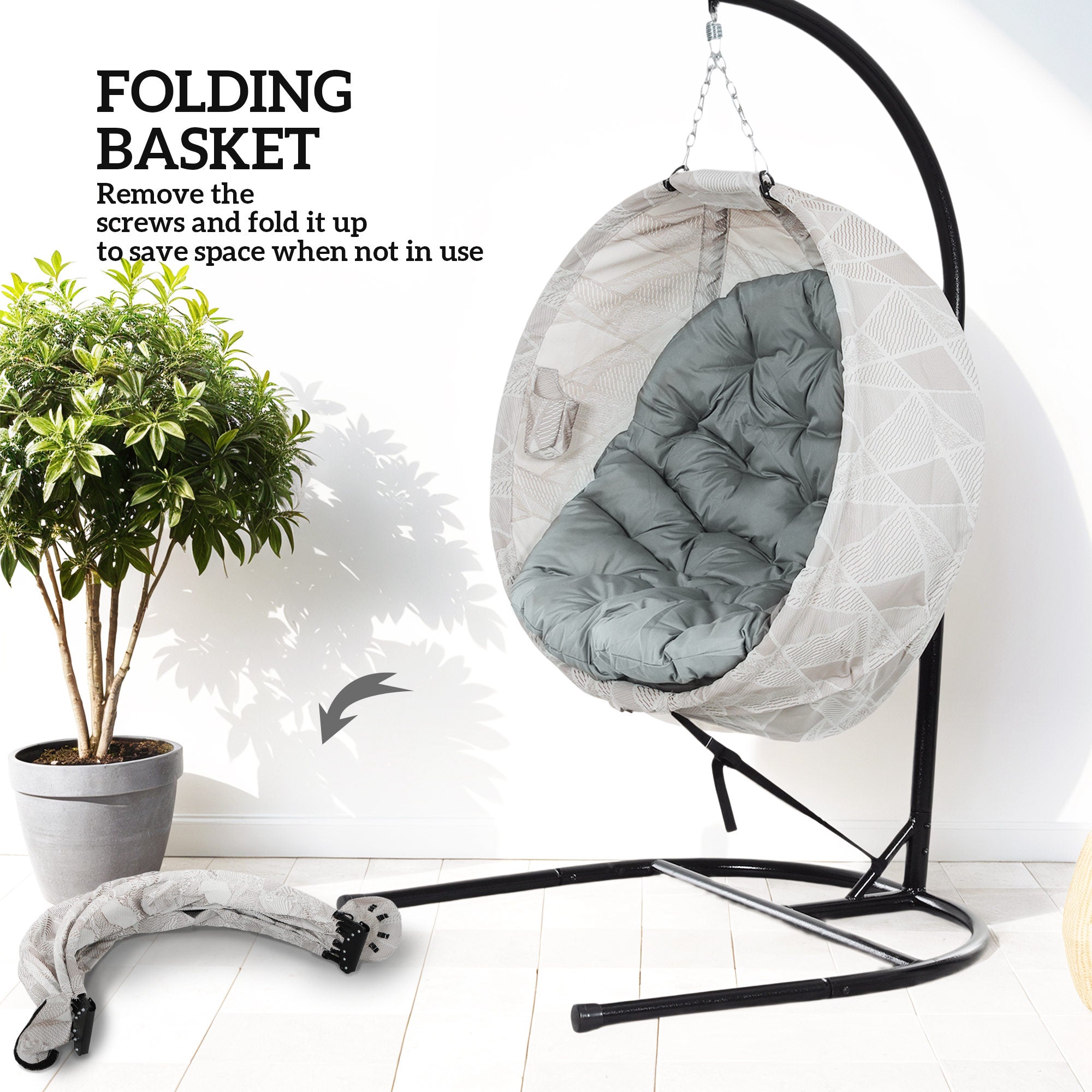 Outsunny Hanging Egg Chair Outdoor Indoor Garden Swing Chair with Folding Basket, Garden Hanging Chair with Stand, Thickened Cushion, Cup Holder for Patio, Balcony, Grey