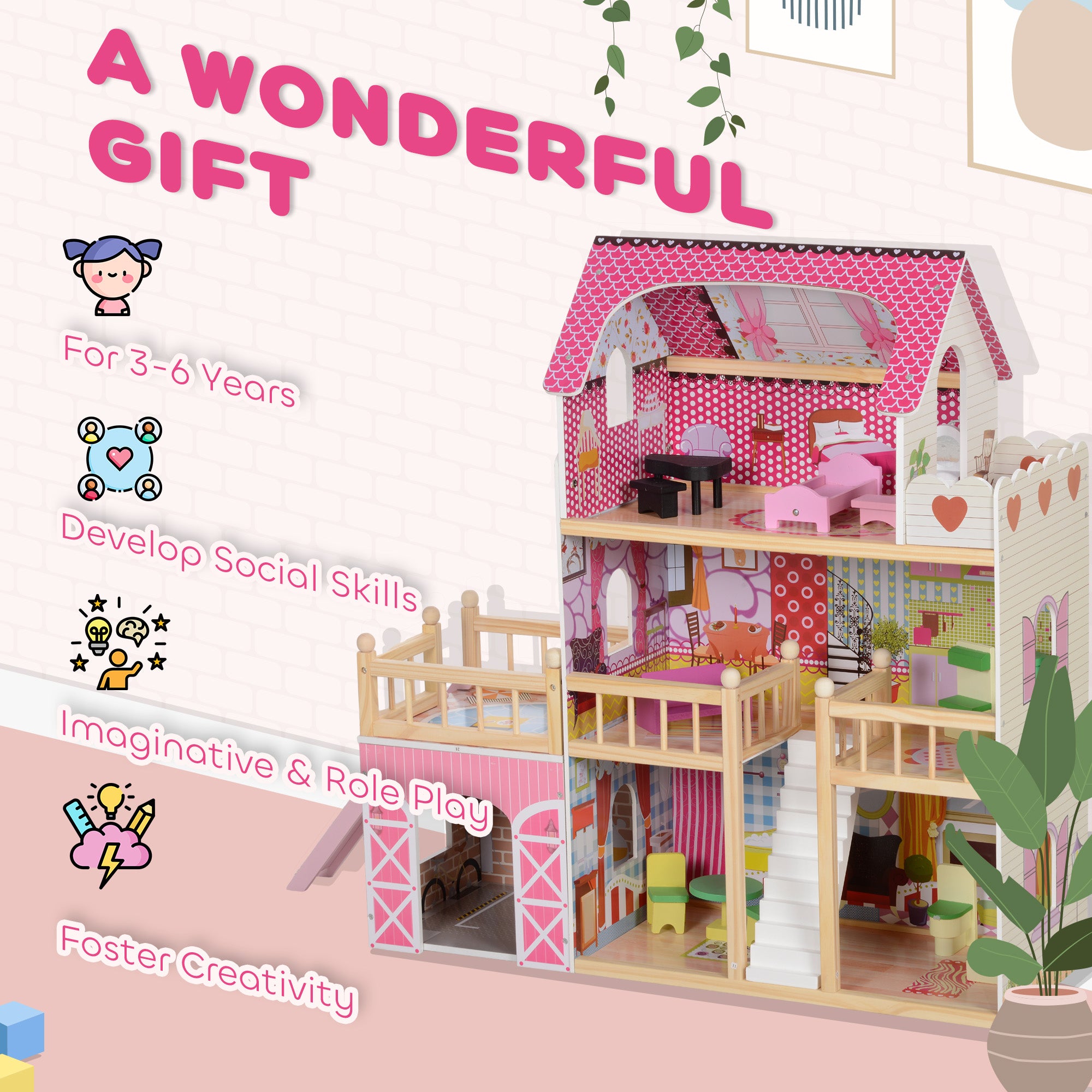 AIYAPLAY 3 Storey Dolls House Play Set with 13 Pieces Wooden Furniture and Accessories for 3-6 Years