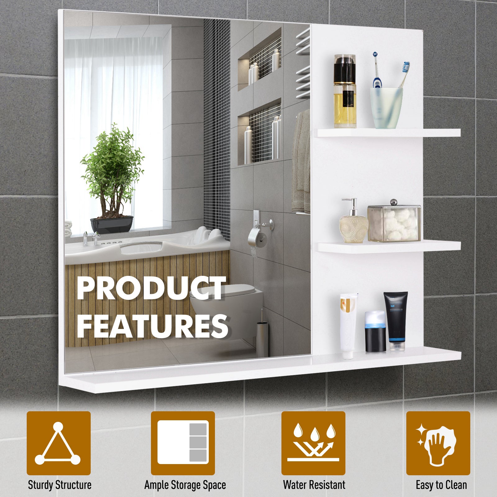 kleankin Modern Bathroom Mirror, Wall-mounted Vanity Mirror with 3 Tiers Storage Shelves for Make Up, White - North Peak Garden Furniture
