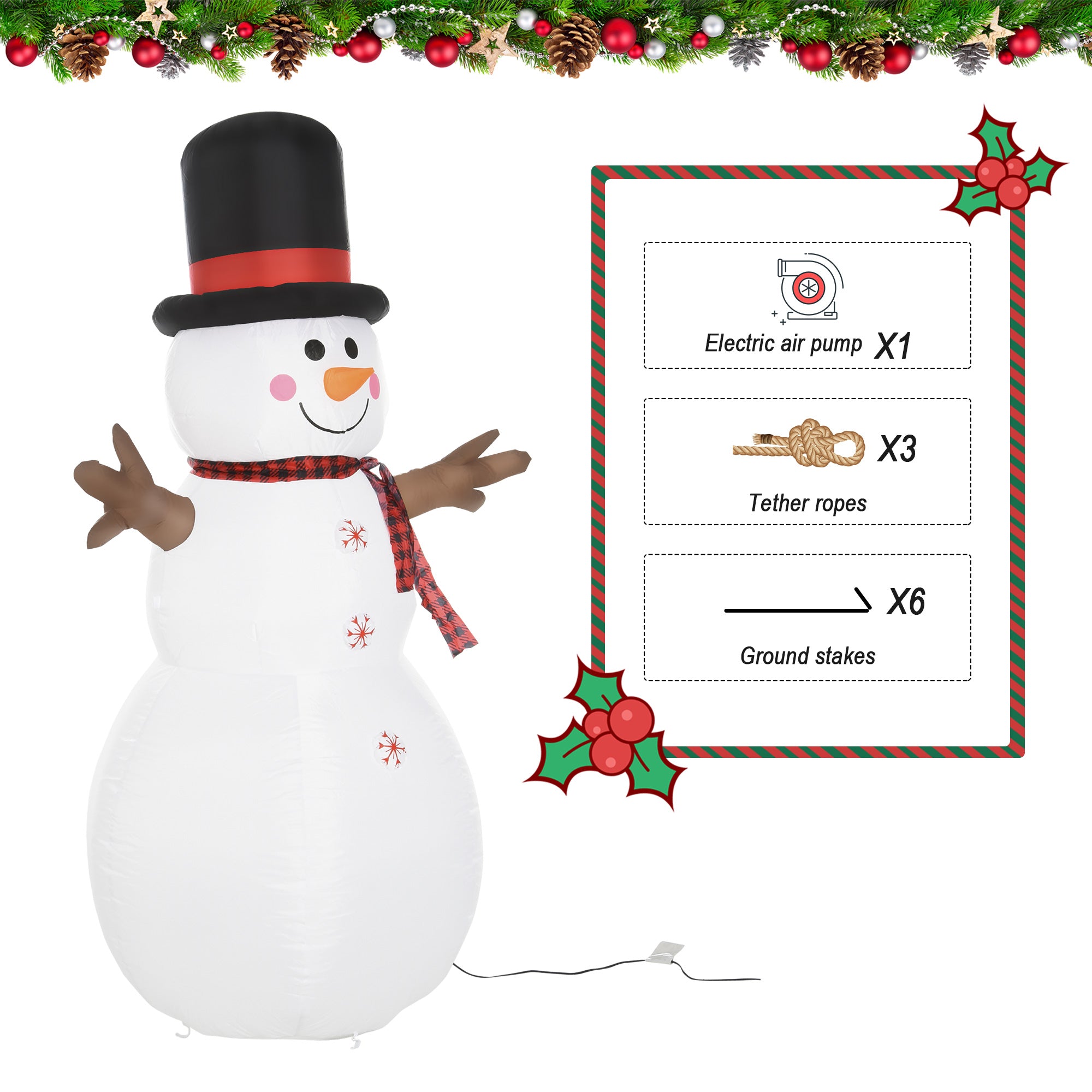 HOMCOM 6ft Giant Inflatable Snowman Christmas Decoration w/ LED Lights Accessories Cute Family Fun Seasonal Outdoor Indoor - North Peak Garden Furniture