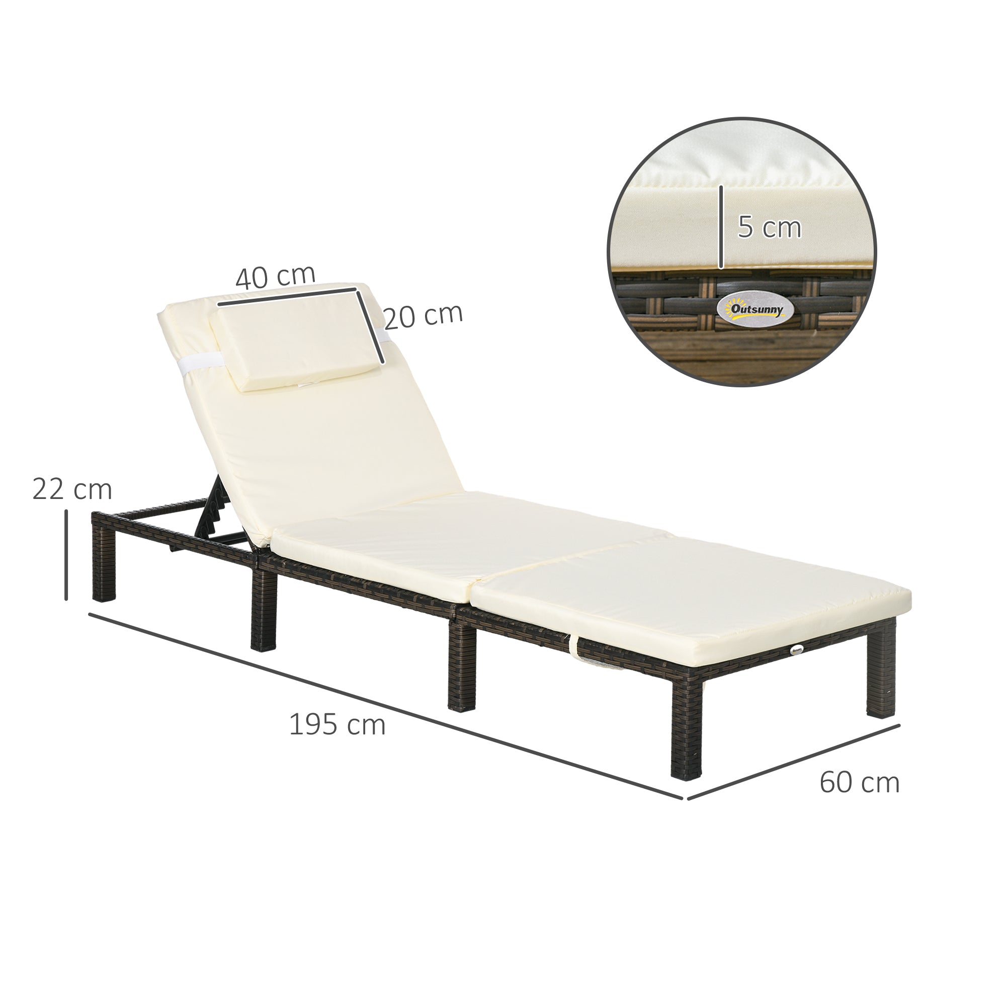 Outsunny Set of Two Reclining Rattan Sun Loungers, with Cushions - Brown/Cream - North Peak Garden Furniture