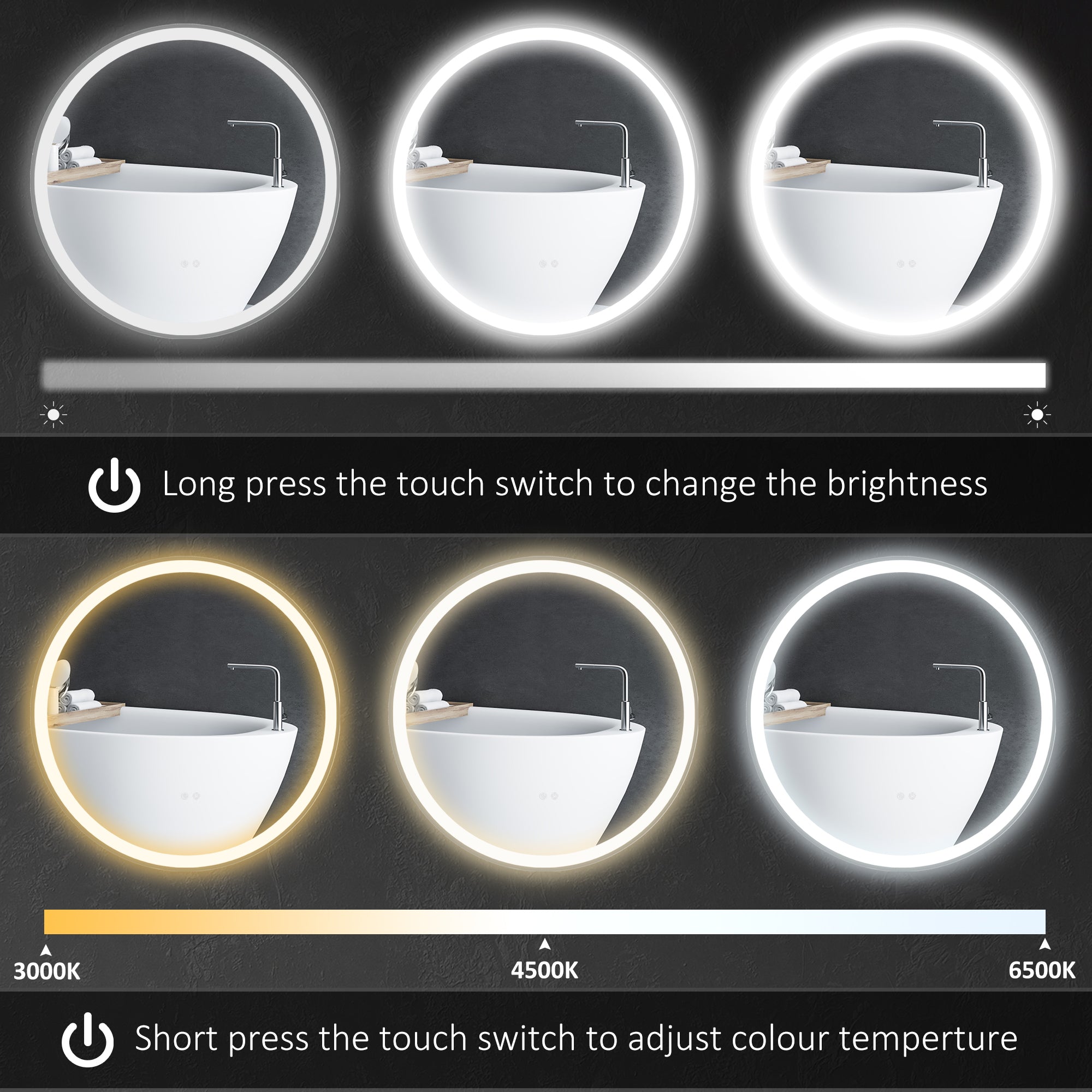 kleankin Round Bathroom Mirror with LED Lights, Wall Mount Dimmable Makeup Mirror with 3 Temperature Colours, Defogging Film and Memory Function, Frameless, Hardwired, 60 x 60 cm - North Peak Garden Furniture