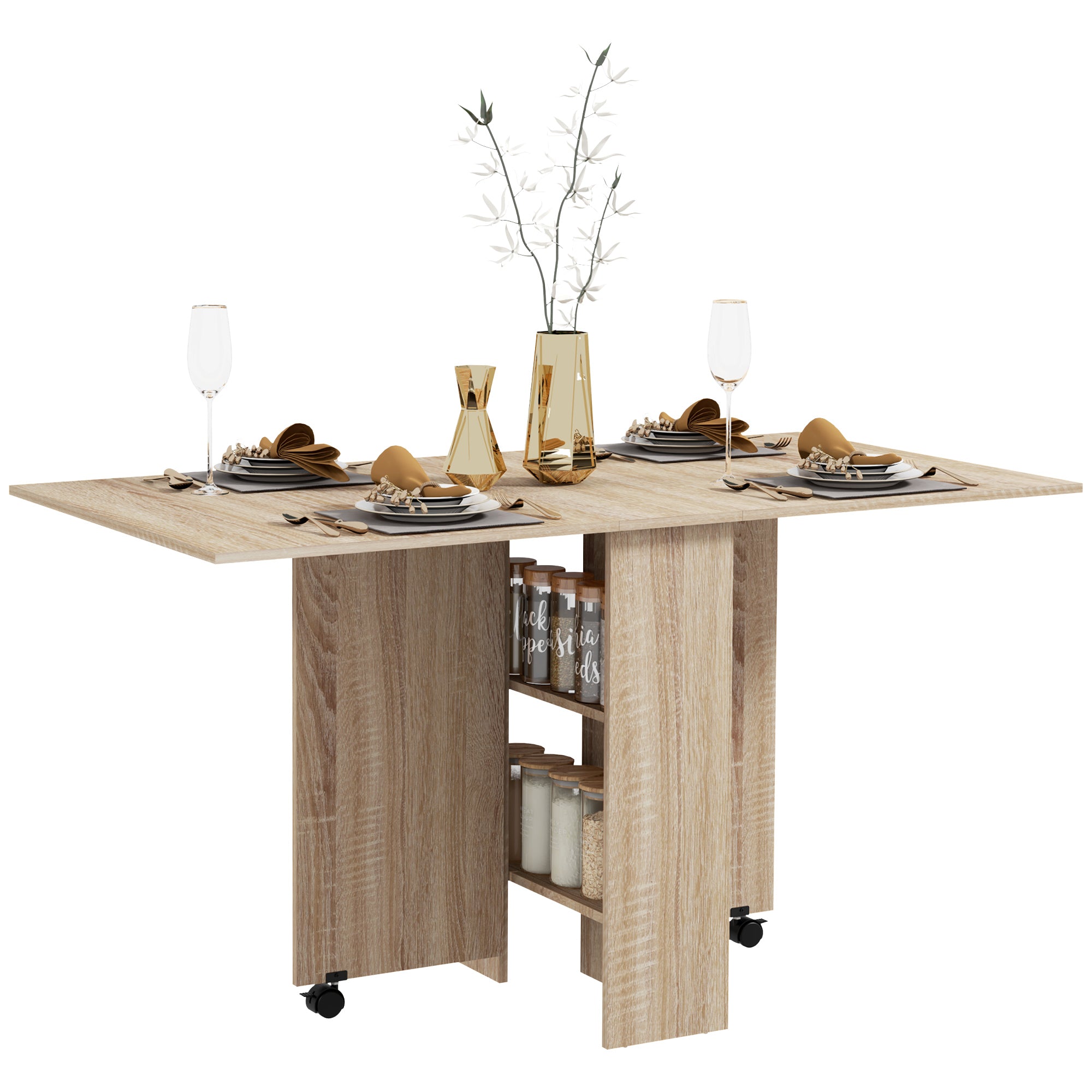 HOMCOM Folding Dining Table, Drop Leaf Table for Small Spaces with 2-tier Shelves, Small Kitchen Table with Rolling Casters, Natural - North Peak Garden Furniture