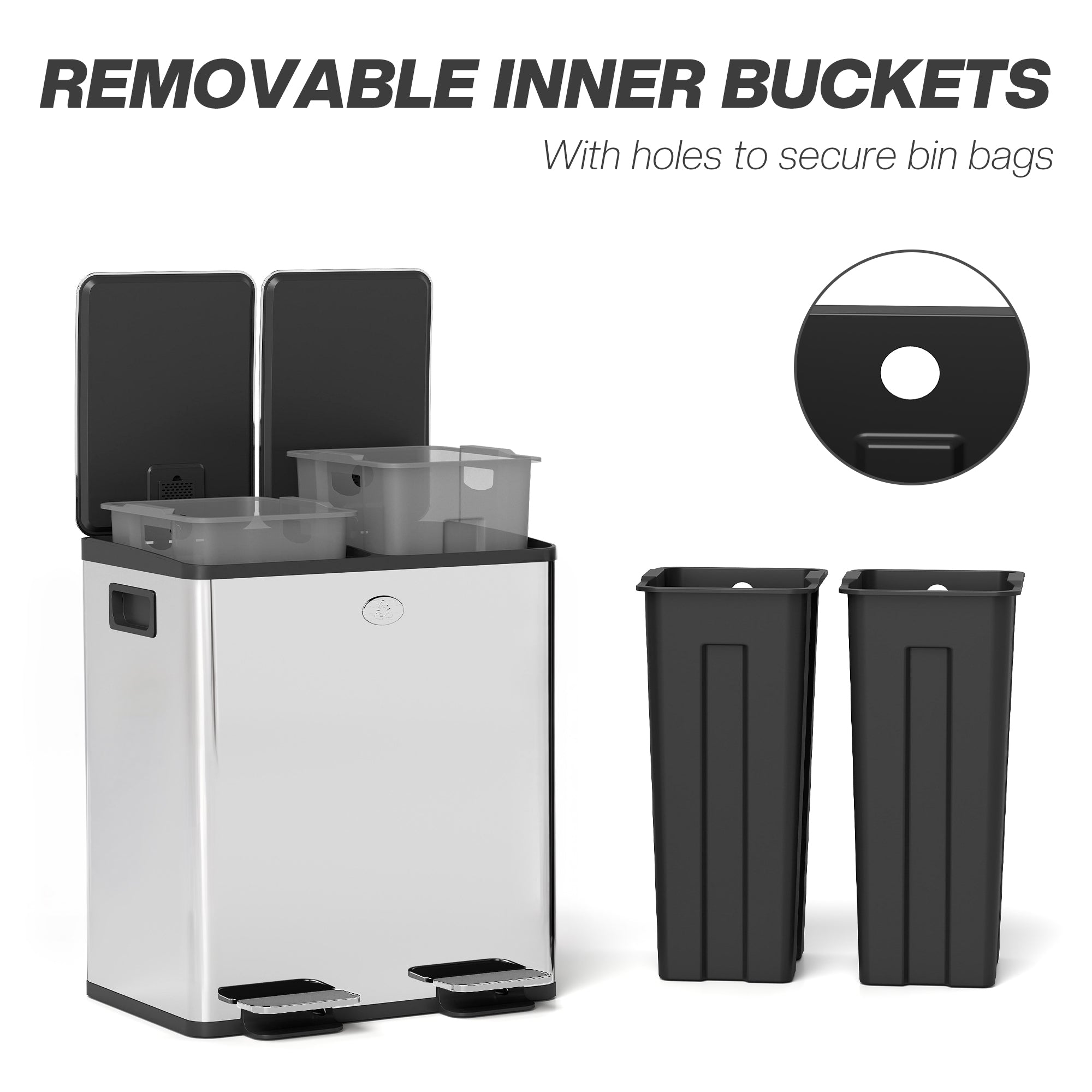 HOMCOM 40L Dual Compartment Stainless Steel Bin, with Deodoriser Holders - Silver Tone - North Peak Garden Furniture