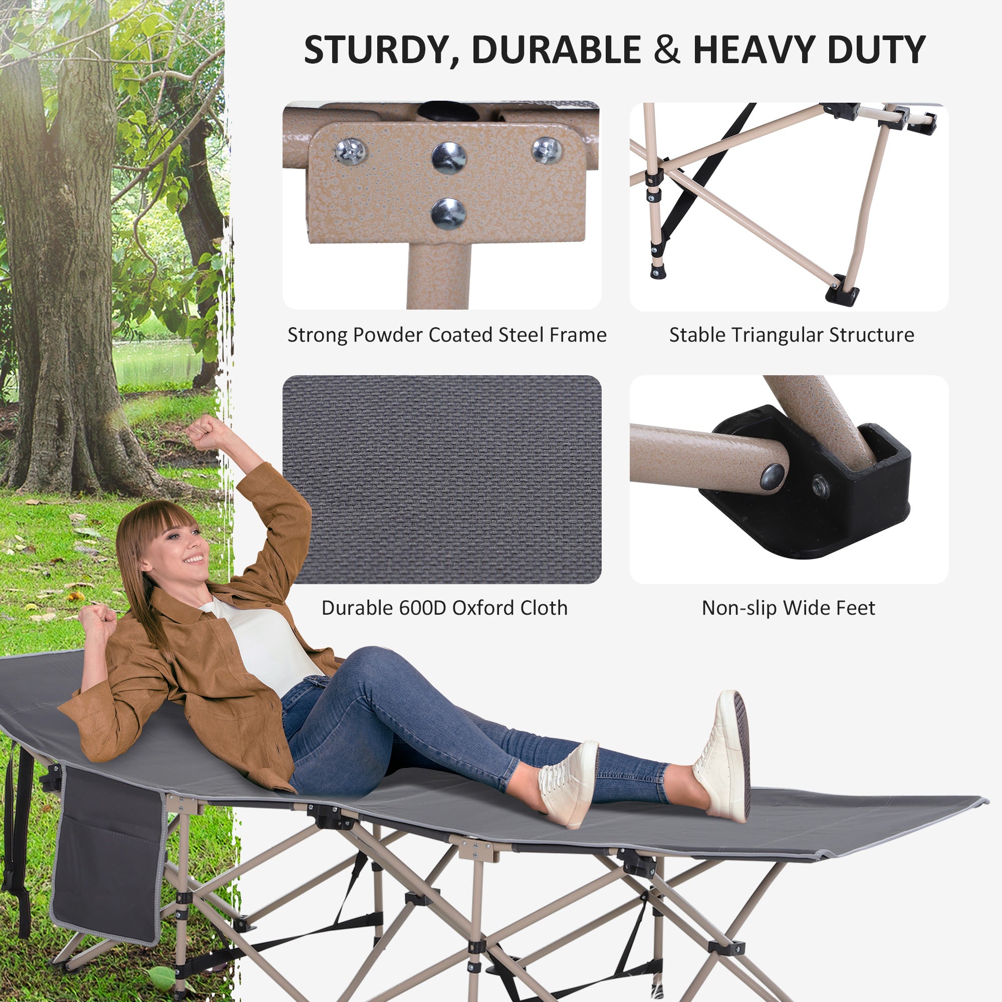 Outsunny Single Steel Frame Portable Camping Cot, with Carry Bag - Grey - North Peak Garden Furniture