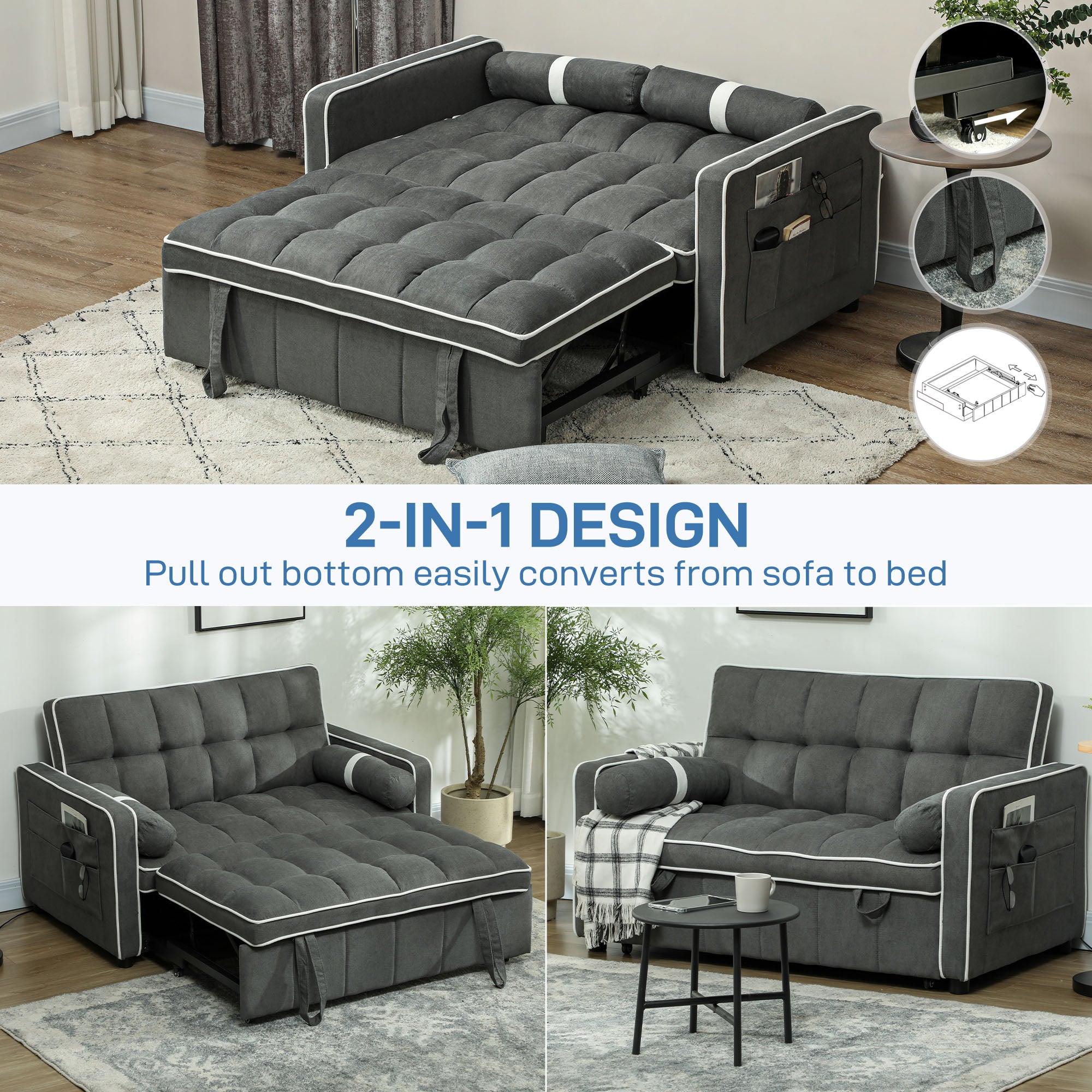 HOMCOM Two-Seater Linen-Look Sofa Bed - Charcoal Grey - North Peak Garden Furniture