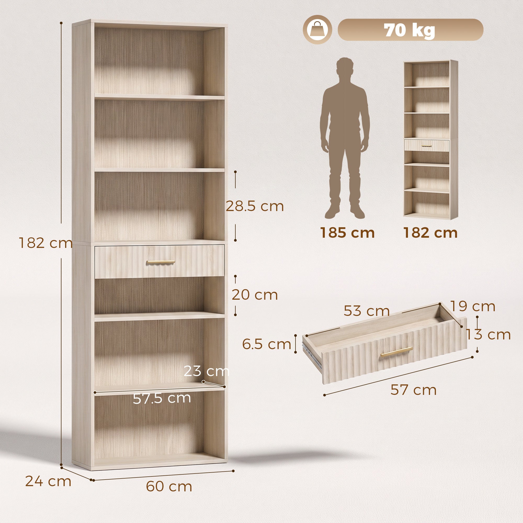 HOMCOM Bookcase Narrow Tall Space-Saving Bookshelf Drawer Open Shelves 60 x 24 x 182 cm Oak Wood Effect