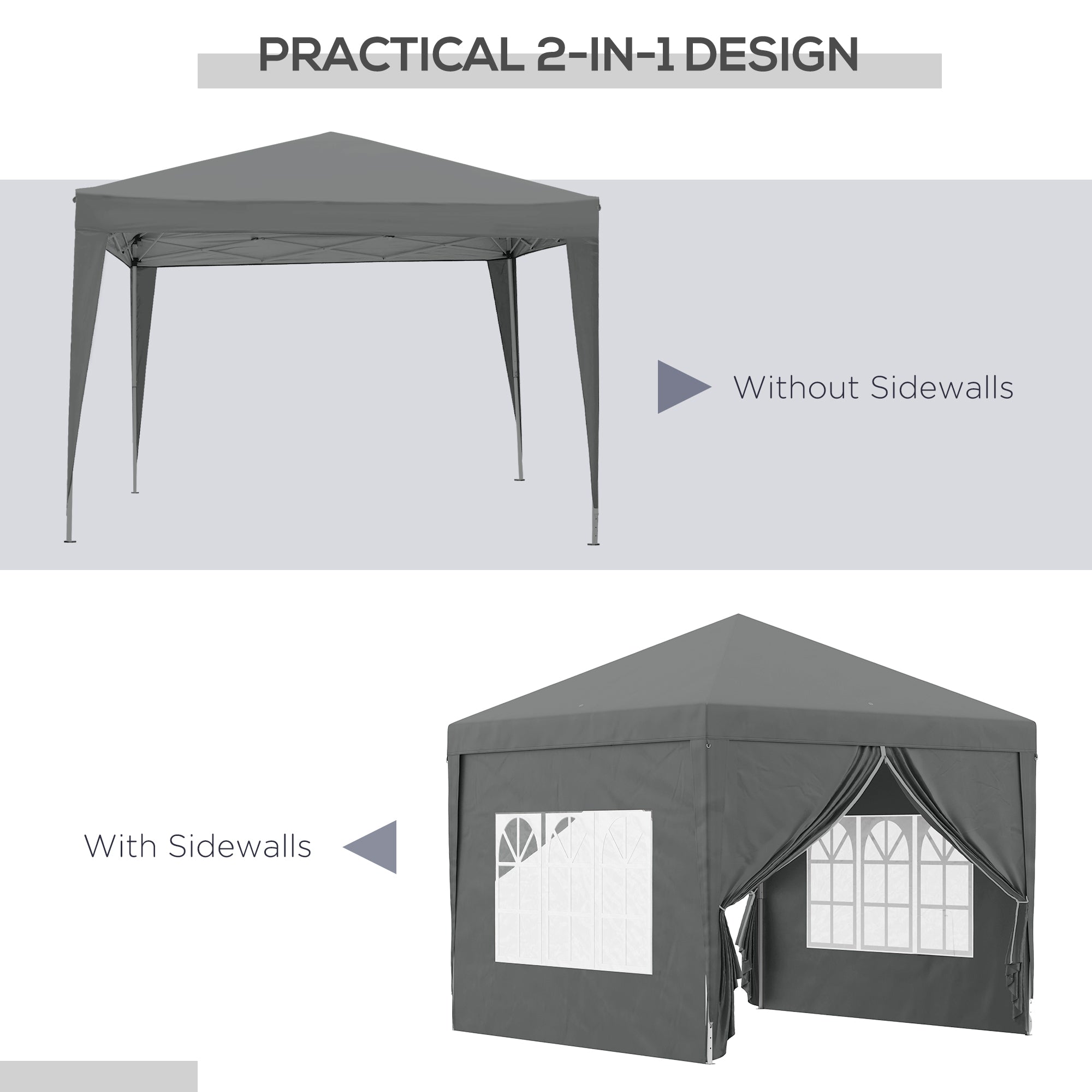 Outsunny 3 x 3 Meters Pop Up Water Resistant Gazebo Wedding Camping Party Tent Canopy Marquee with Carry Bag and 2 Windows, Grey - North Peak Garden Furniture