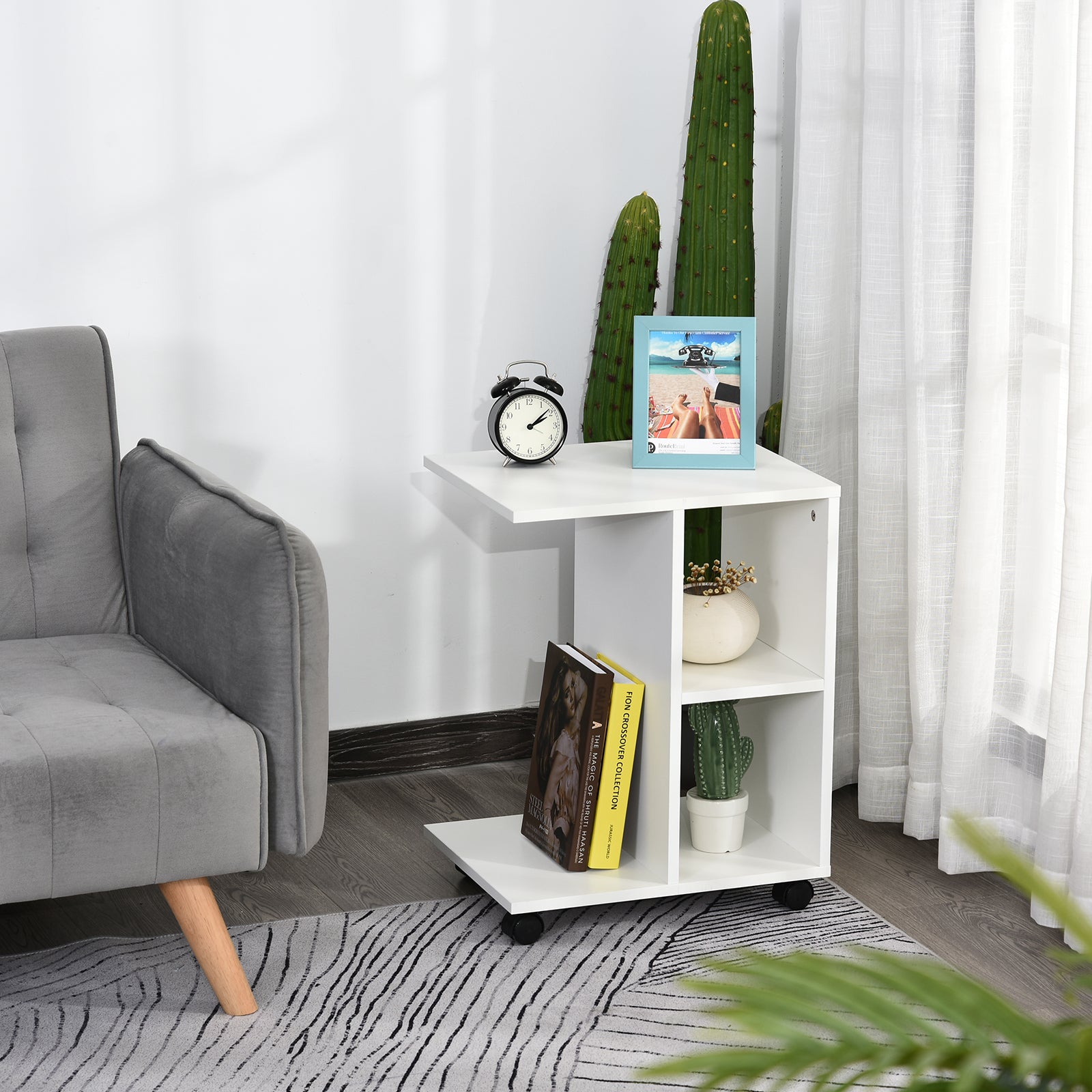 HOMCOM C-Shape End Table Unique Storage Unit w/ 2 Shelves 4 Wheels Freestanding Home Furniture Cabinet Square White