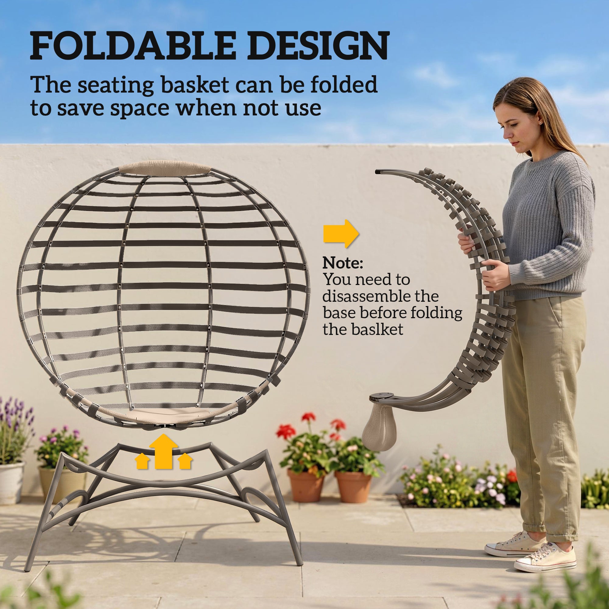 Outsunny Egg Chair with Soft Cushion, Steel Frame and Side Pocket, Garden Patio Basket Chair for Indoor, Outdoor, Brown