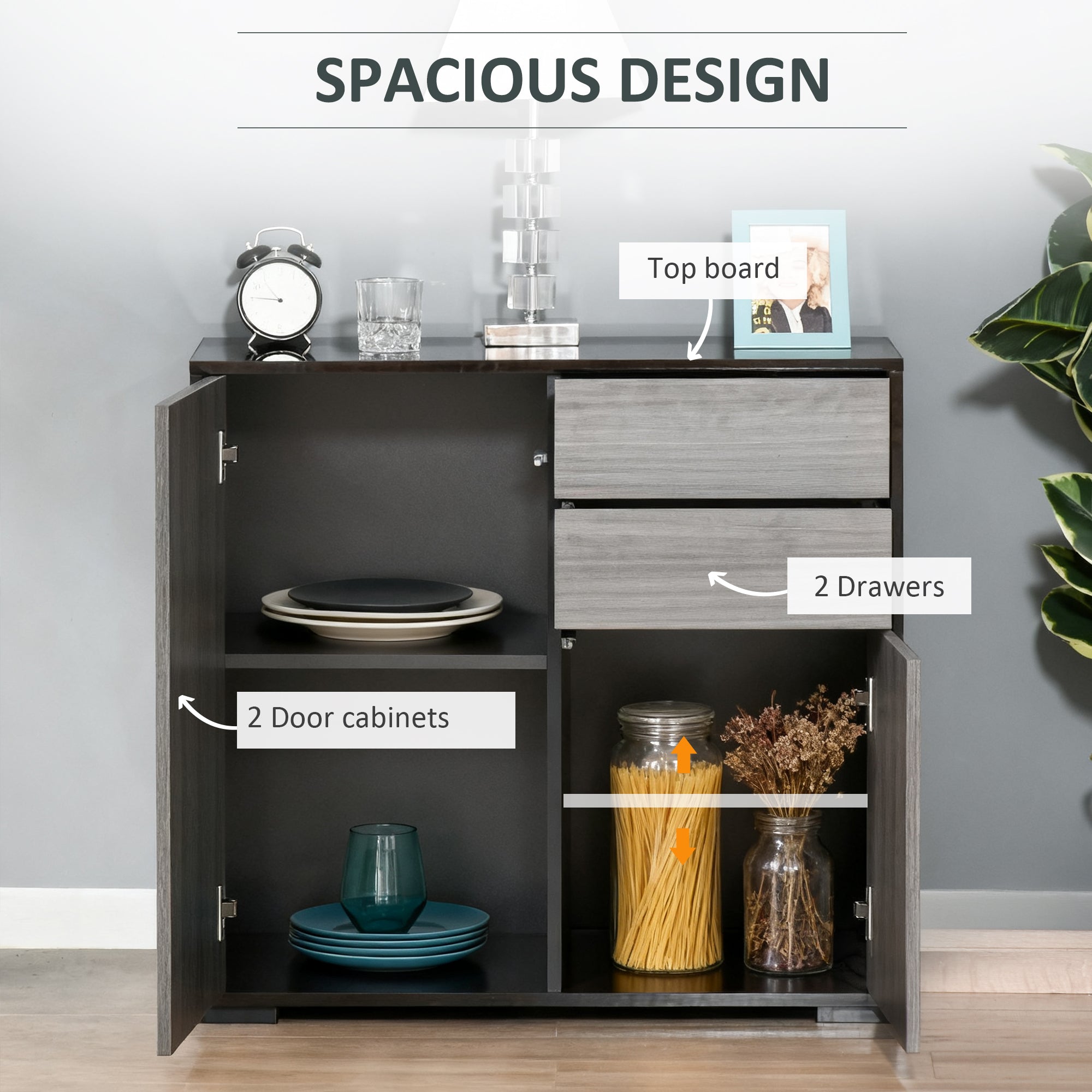 HOMCOM High Gloss Frame Sideboard, Side Cabinet, Push-Open Design with 2 Drawer for Living Room, Bedroom, Light Grey and Black